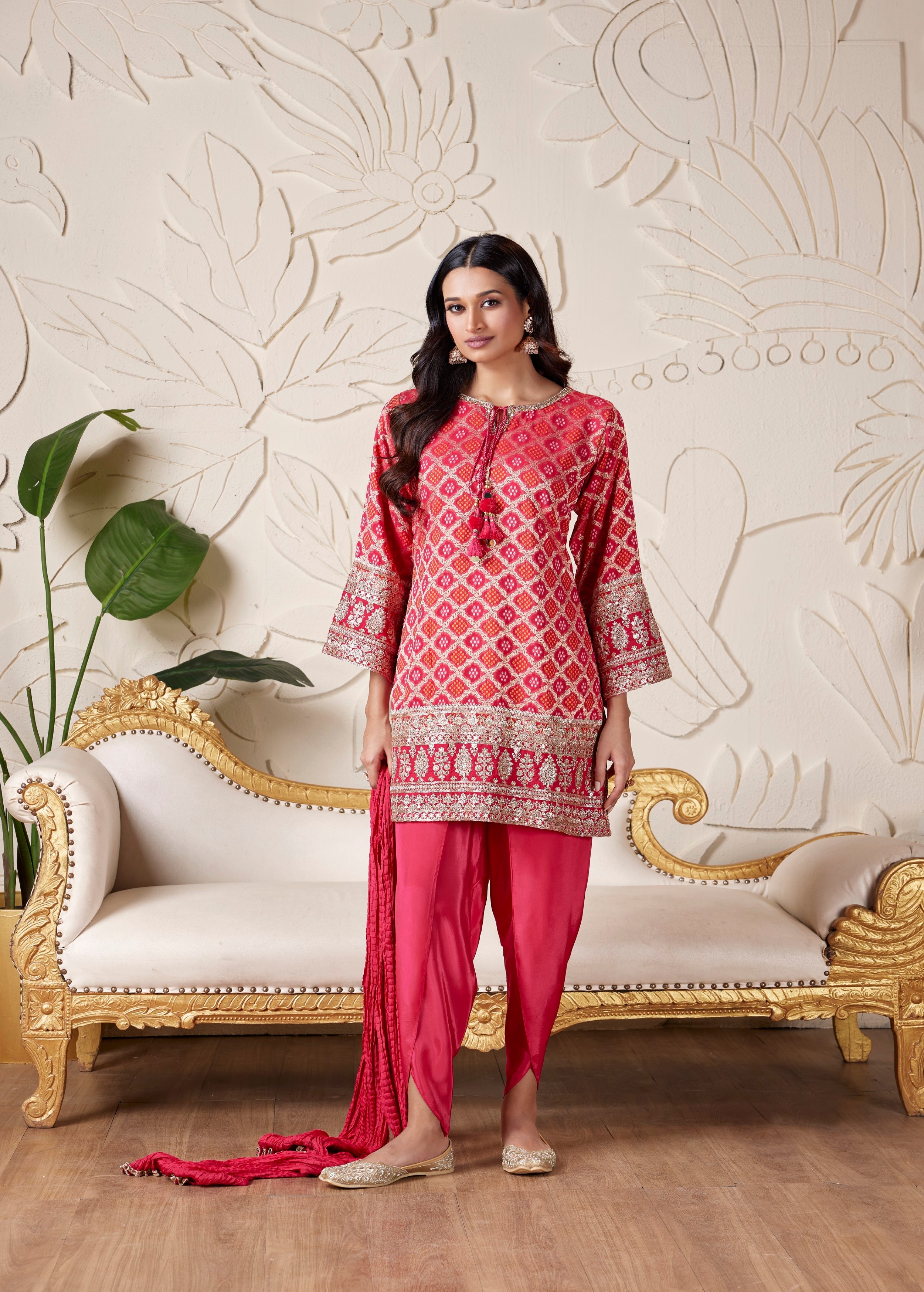 Crimson Red Embellished Brocade Banarasi Silk Dhoti Set