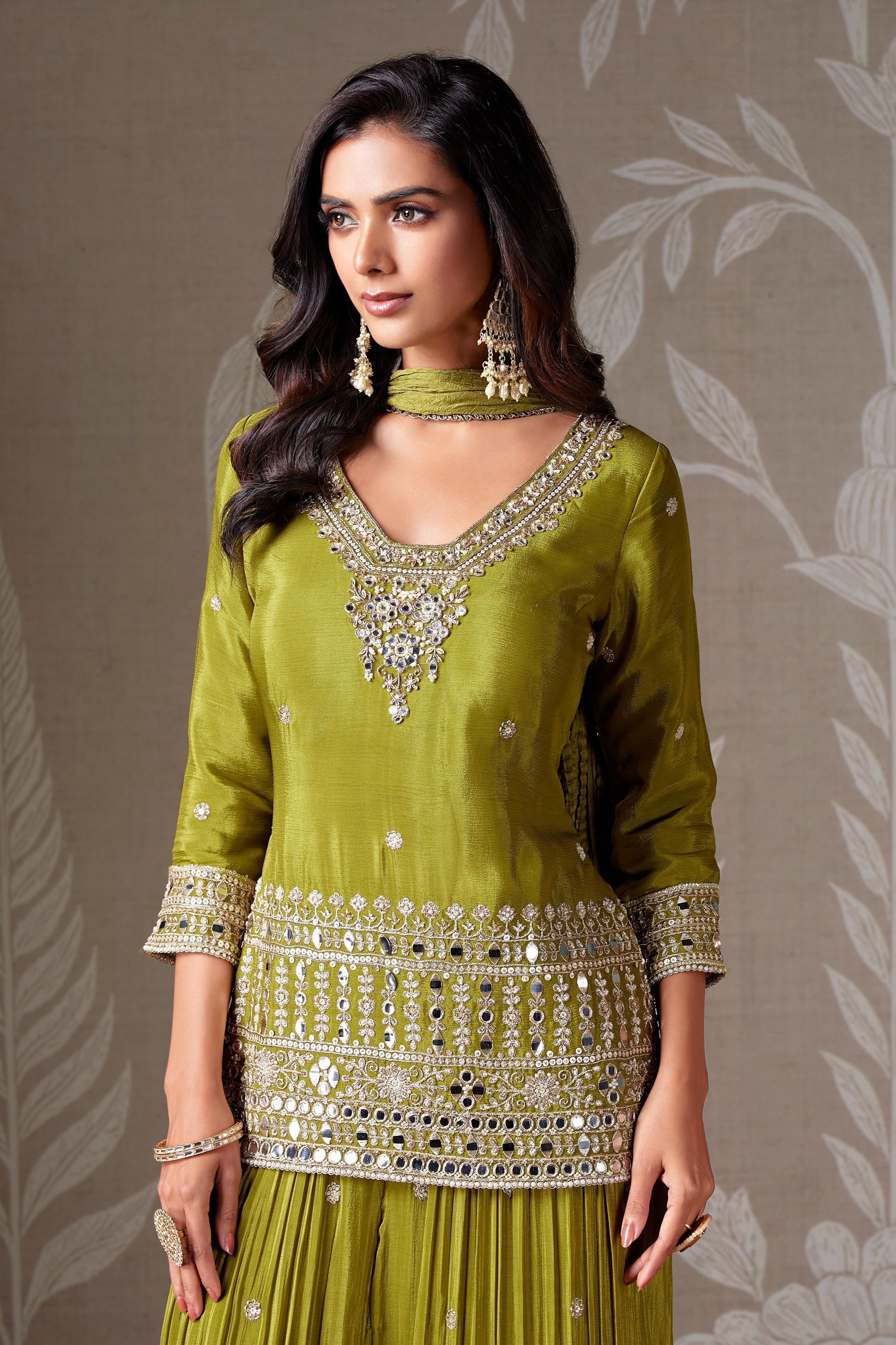 Olive Green Mirror Embellished Sharara Set