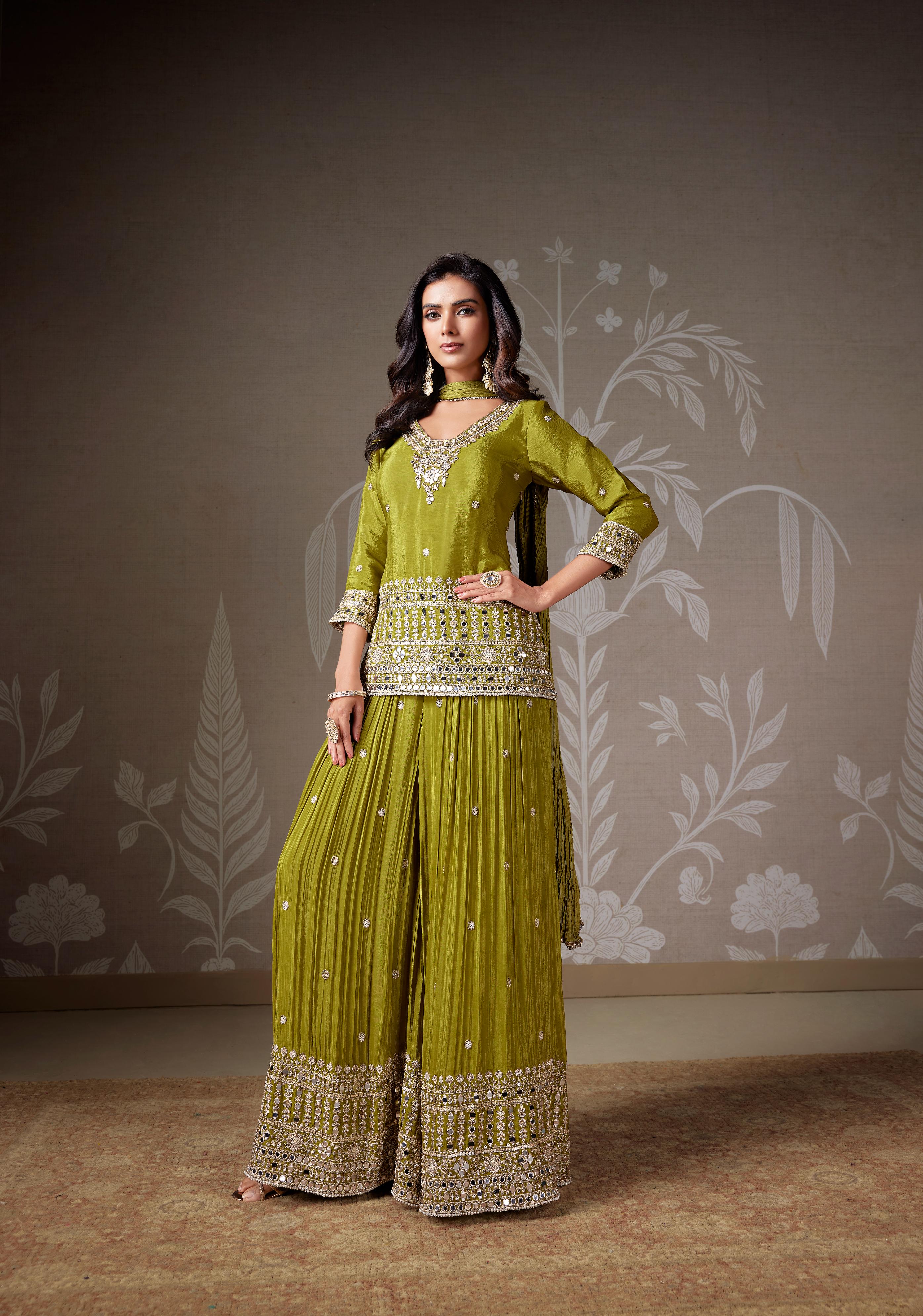 Olive Green Mirror Embellished Sharara Set