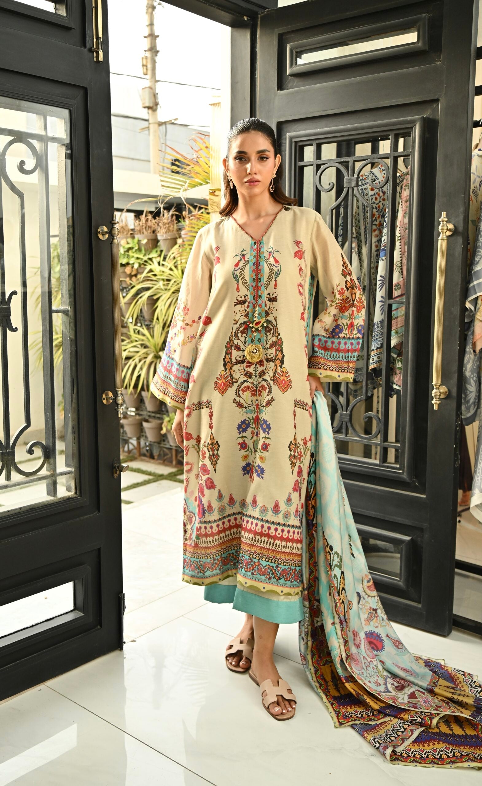 Beige Bohemian Print Swiss Cotton Kurta & Pant Set