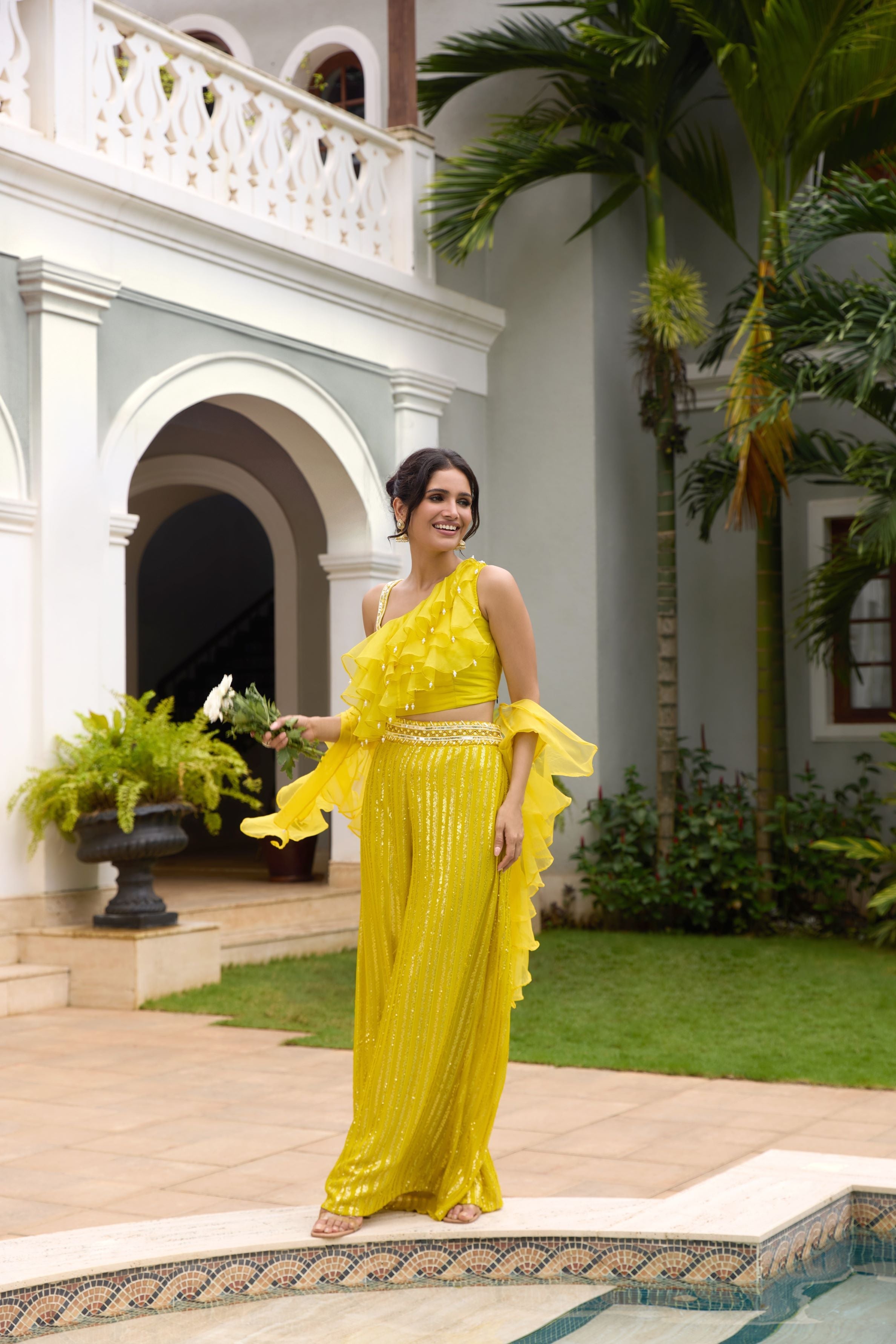 Yellow Embellished Georgette Silk Palazzo Set