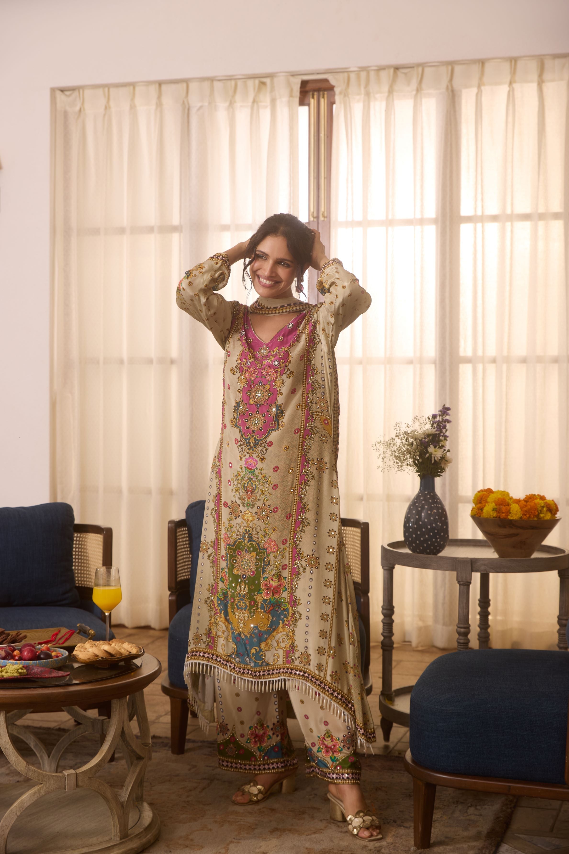 Light Beige Traditional Printed Palazzo Set