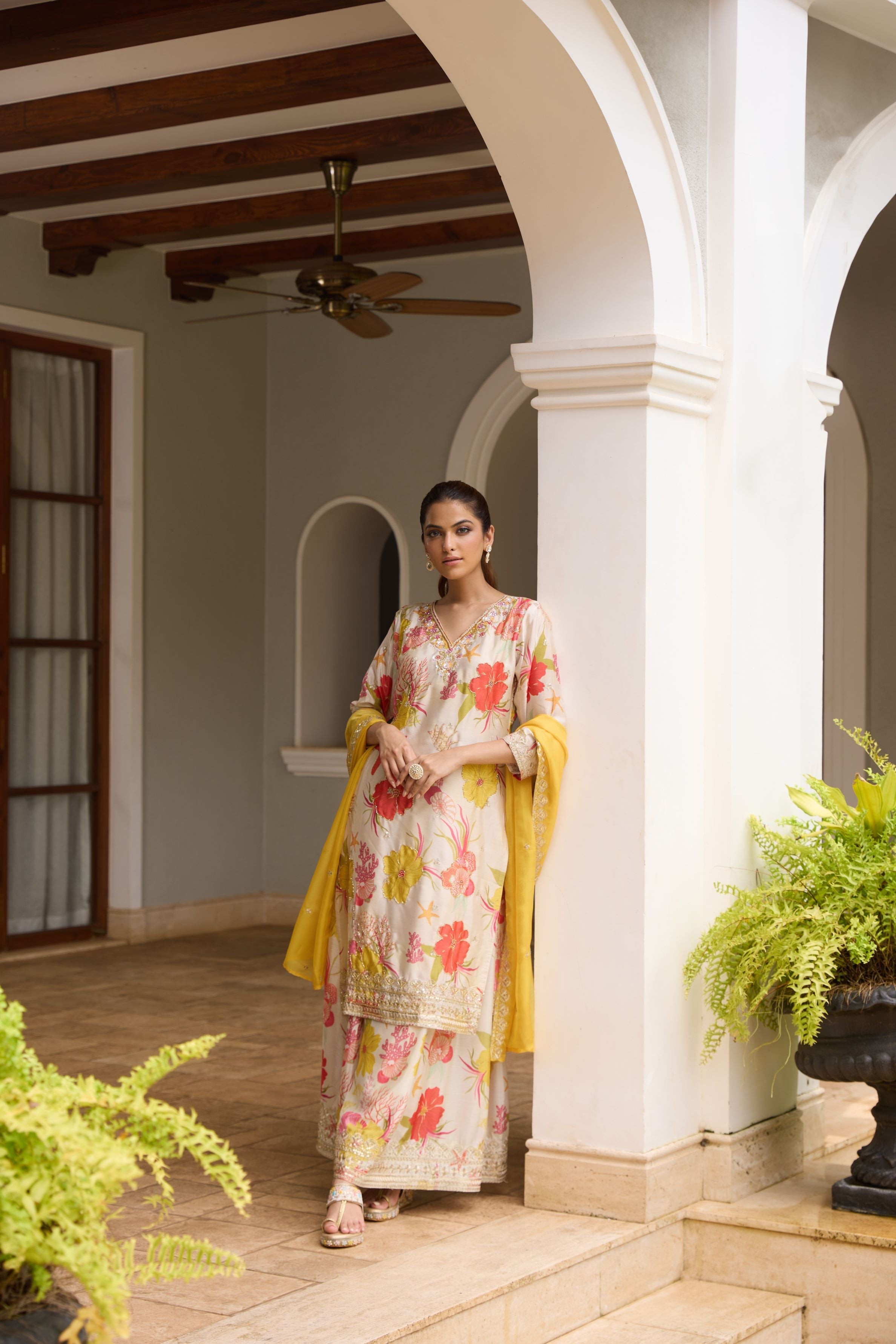 Champagne Gold Floral Printed Premium Silk Palazzo Set