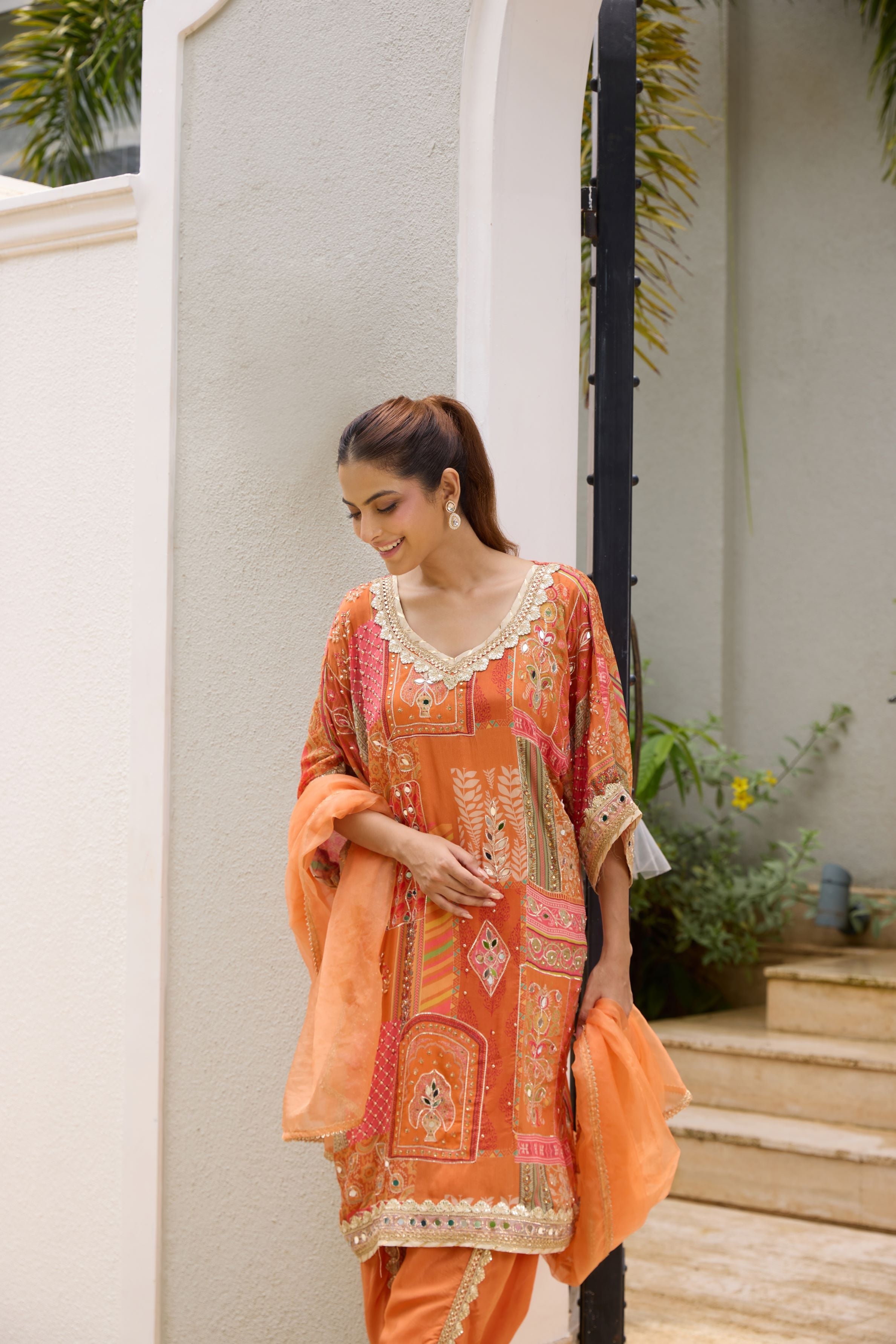 Orange Traditional Printed Italian Silk Dhoti Set