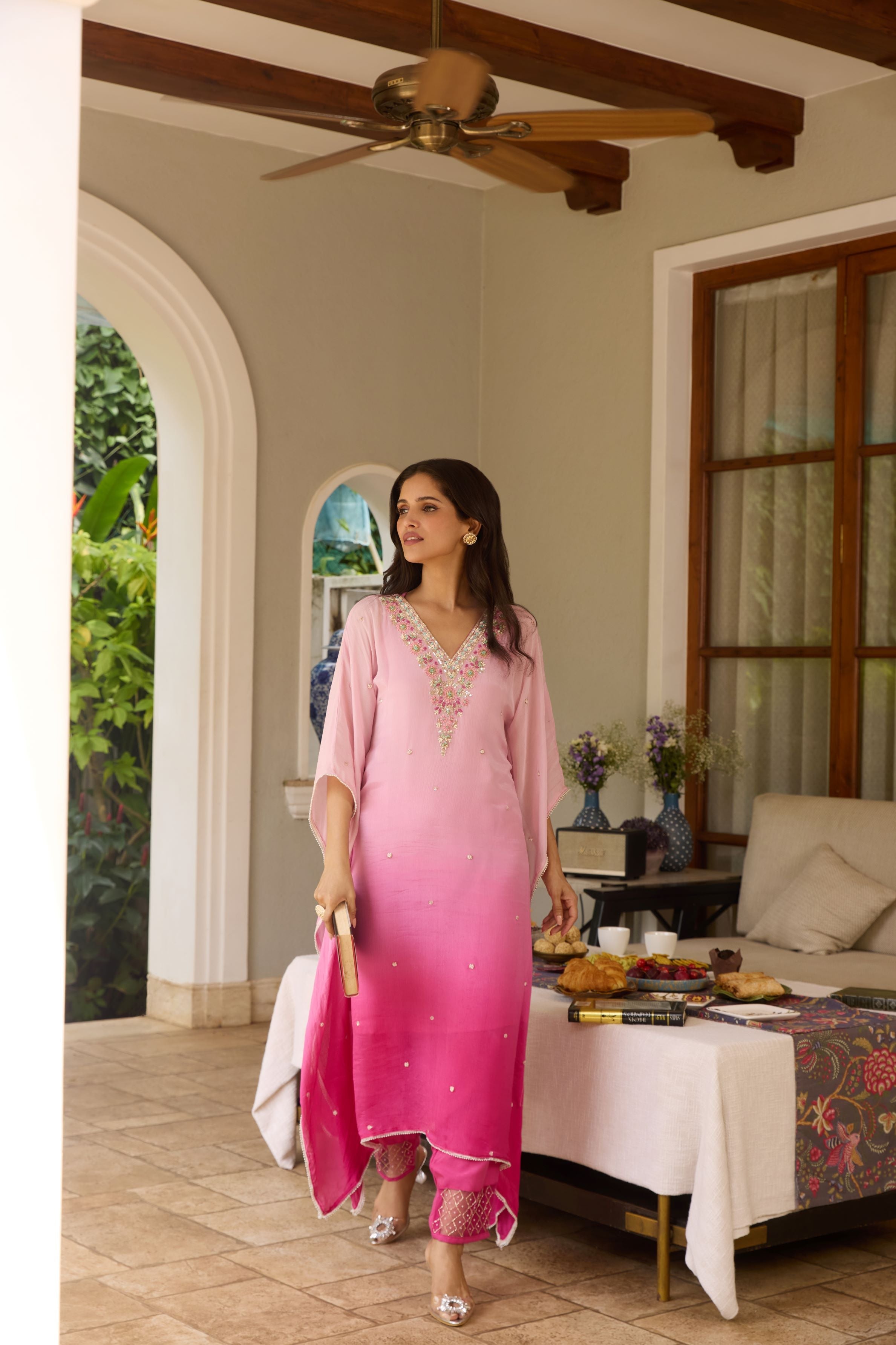 Pink Ombre-Dyed Chinon Silk Kaftan Set