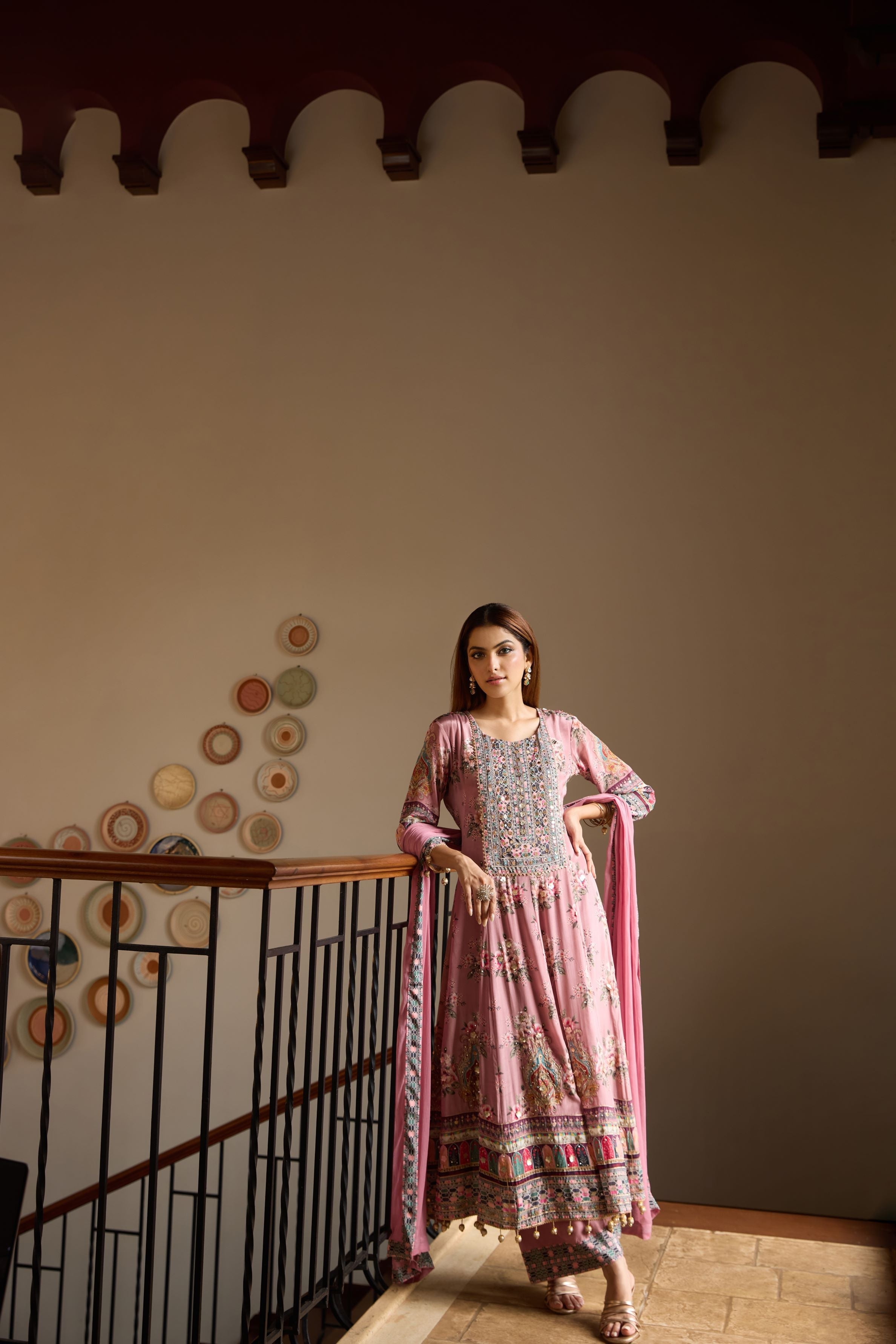 Blush Pink Floral Printed Crepe Silk Anarkali Set