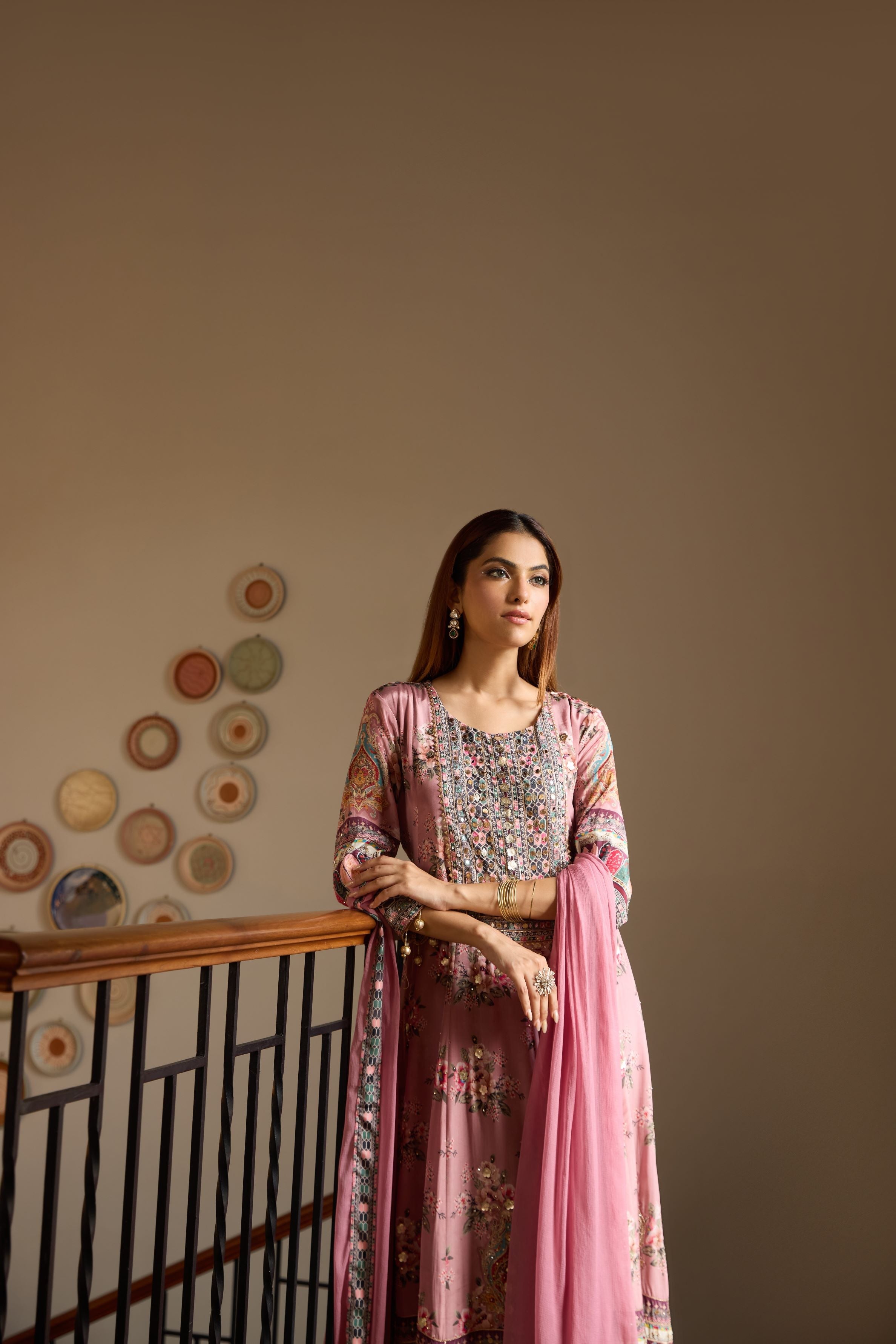 Blush Pink Floral Printed Crepe Silk Anarkali Set