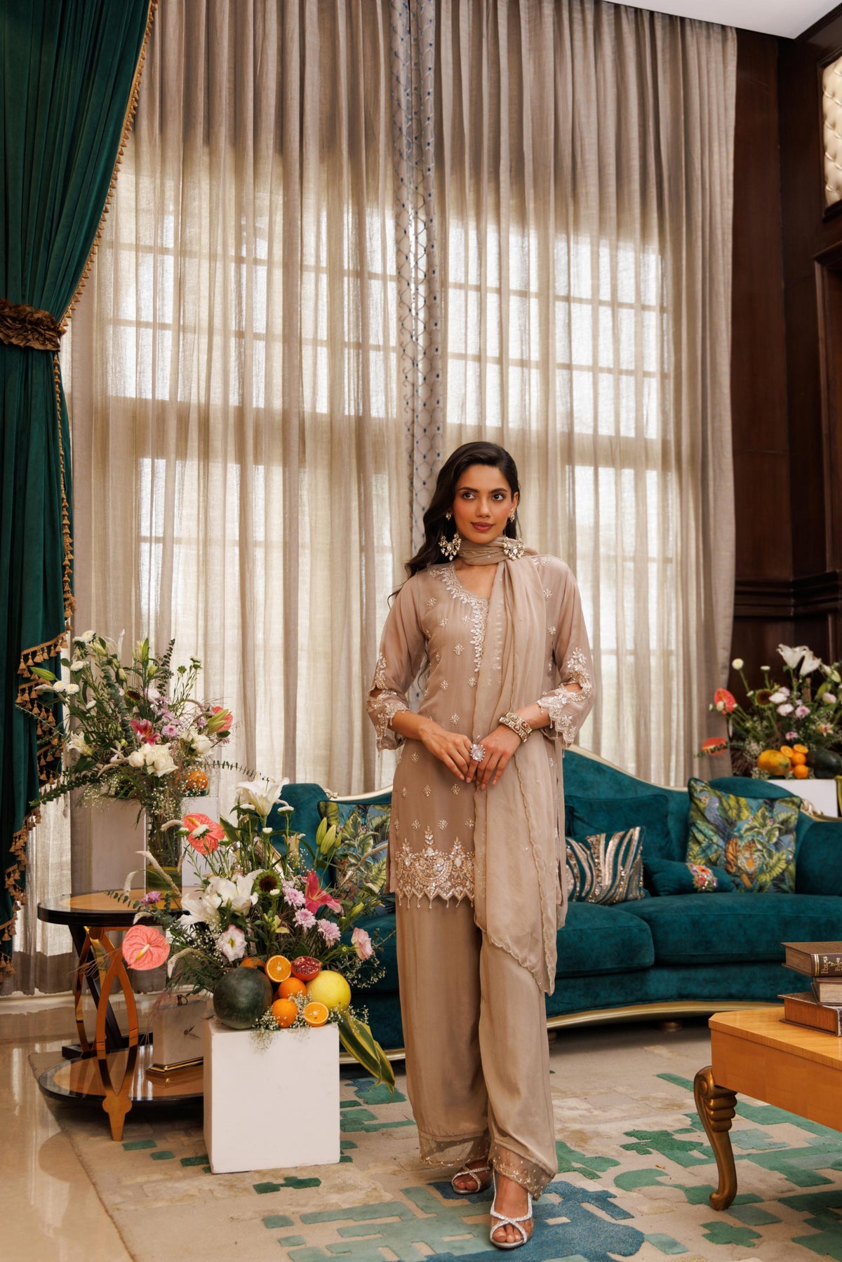 Mushroom Beige Embellished Crepe Silk Palazzo Set