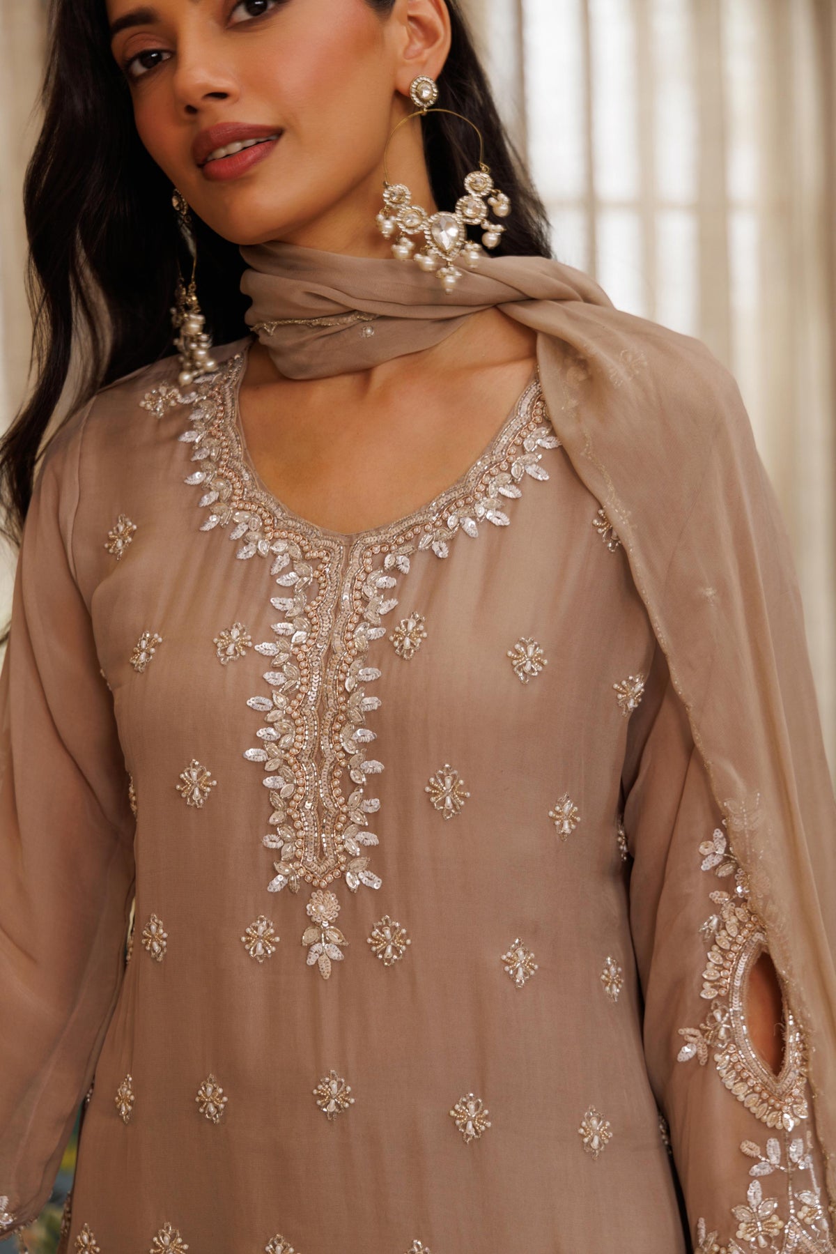 Mushroom Beige Embellished Crepe Silk Palazzo Set