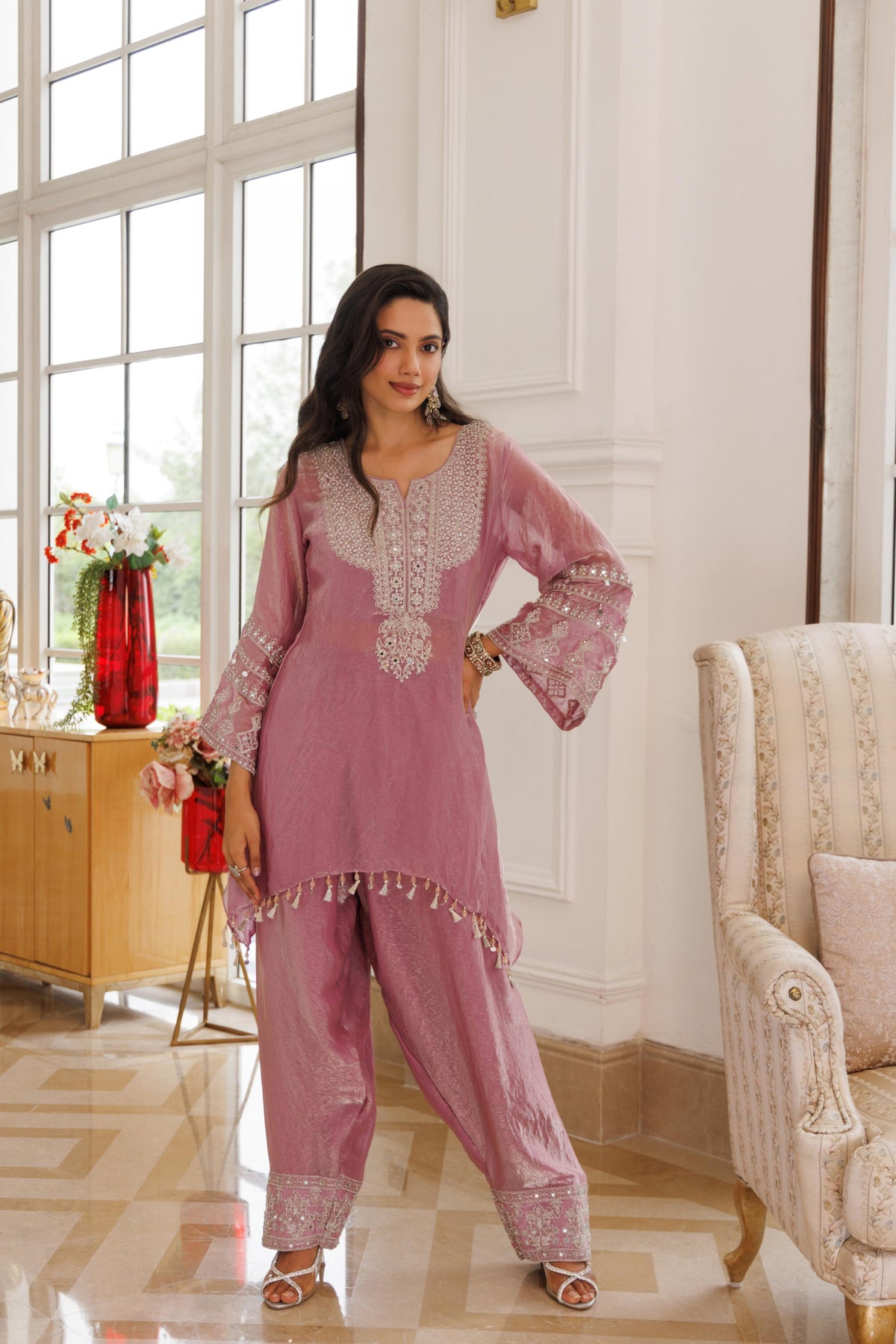 Dusty Mauve Embellished Tissue Silk Salwar Set