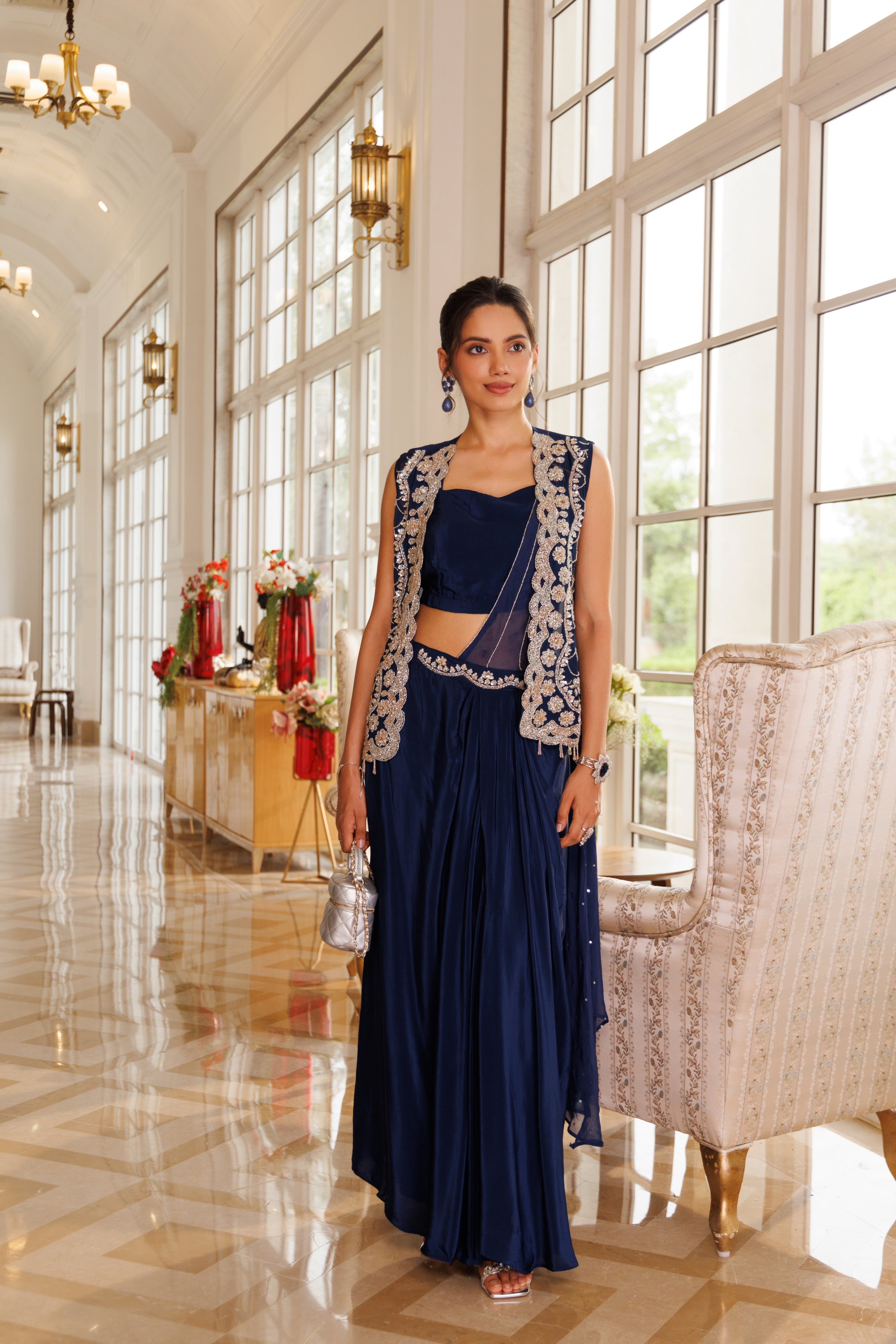Sapphire Crystal Embellished Crepe Silk Saree