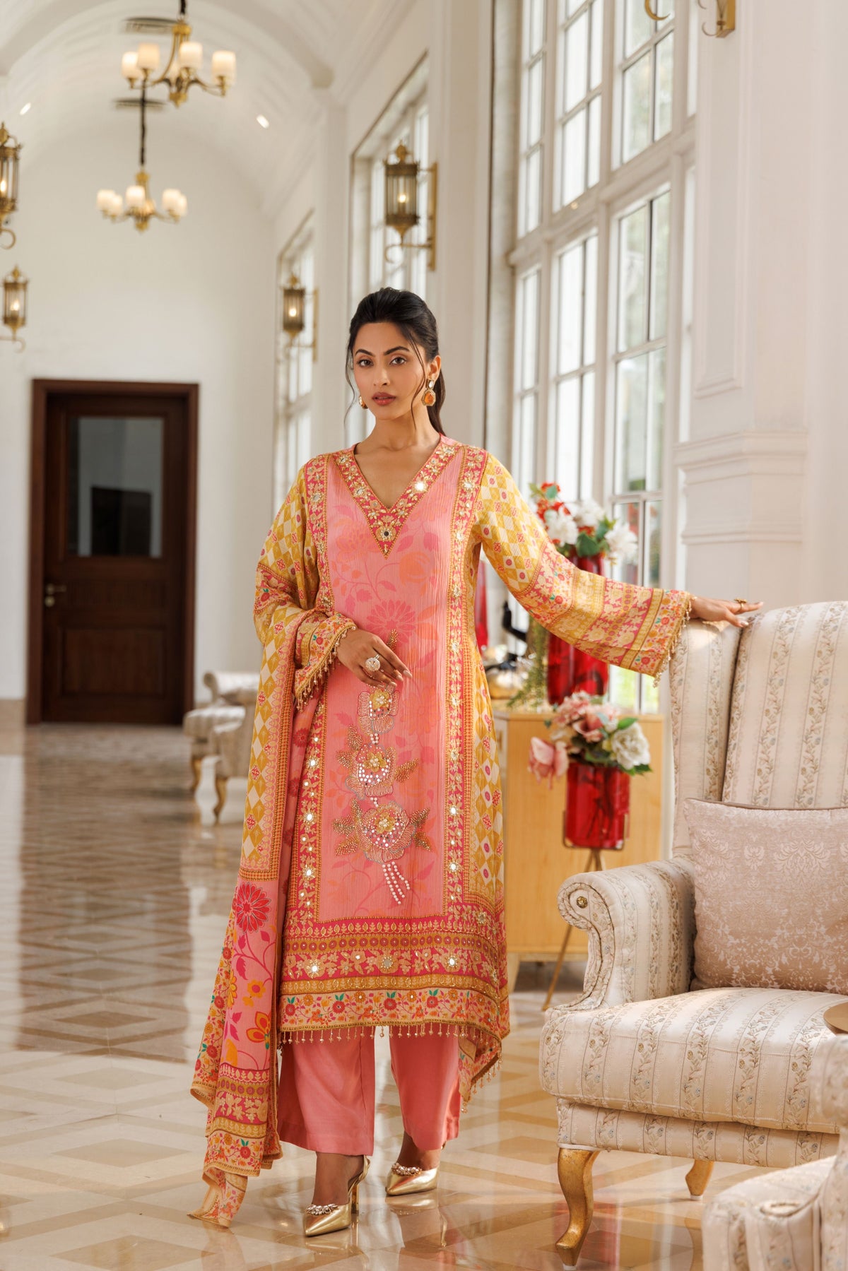 Coral Pink Embellished Shimmer Silk Pant Set