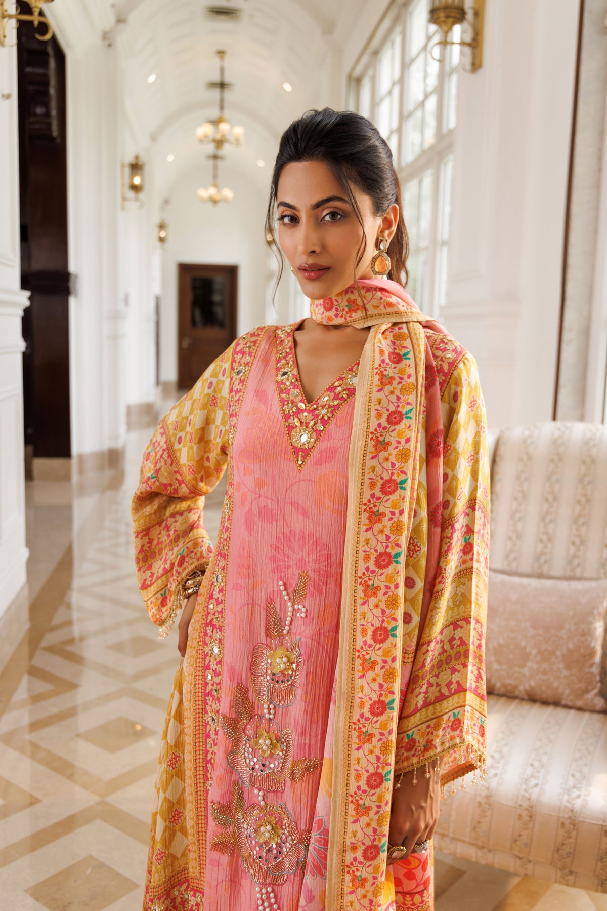 Coral Pink Embellished Shimmer Silk Pant Set