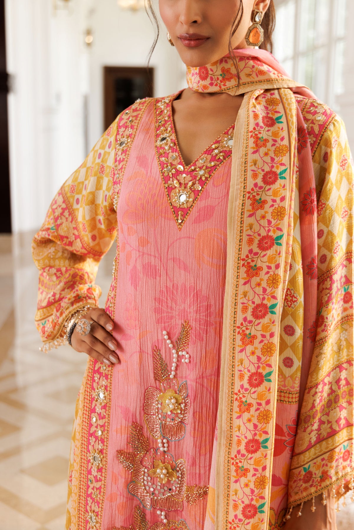 Coral Pink Embellished Shimmer Silk Pant Set