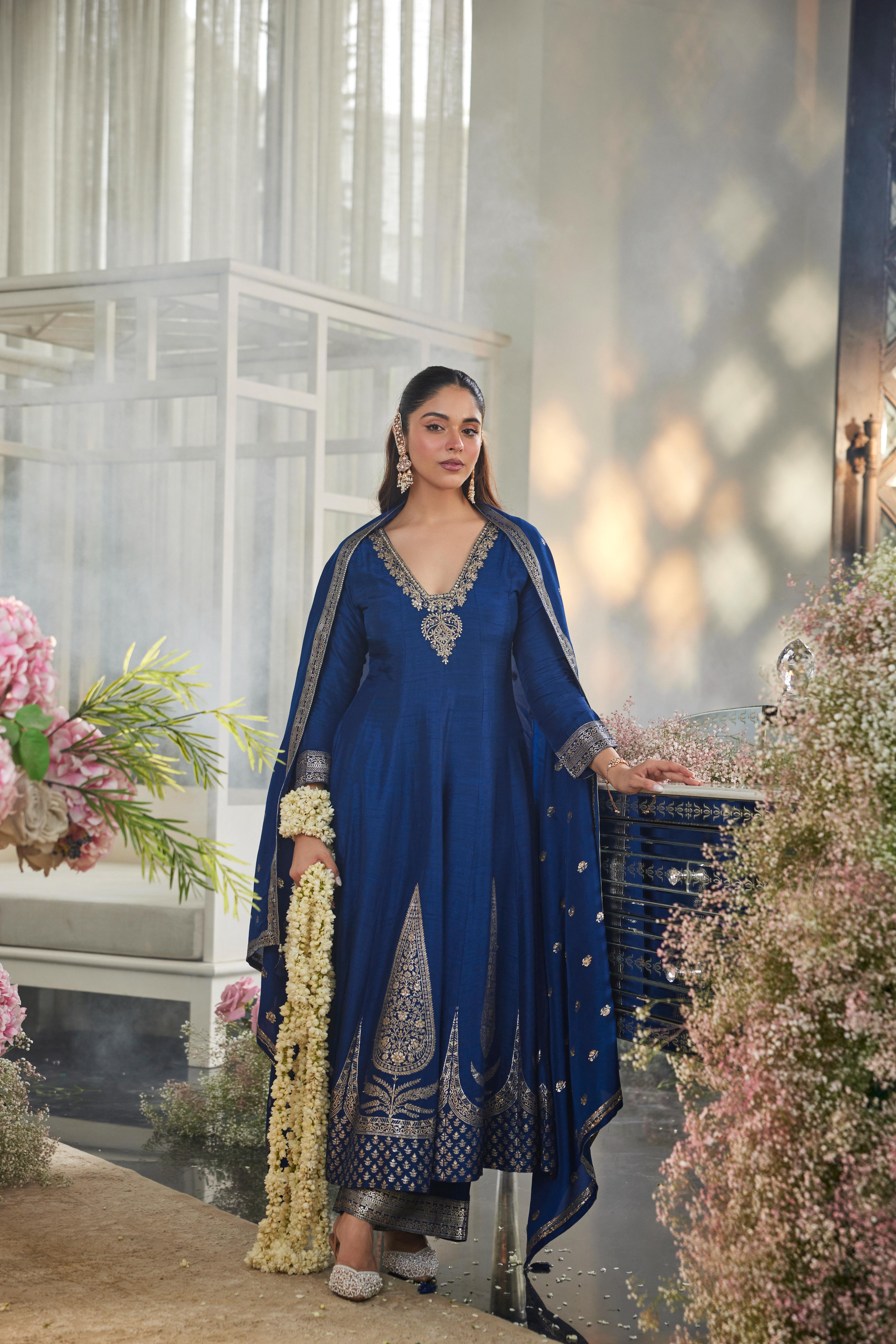 Royal Blue Embellished Raw Silk Anarkali Set