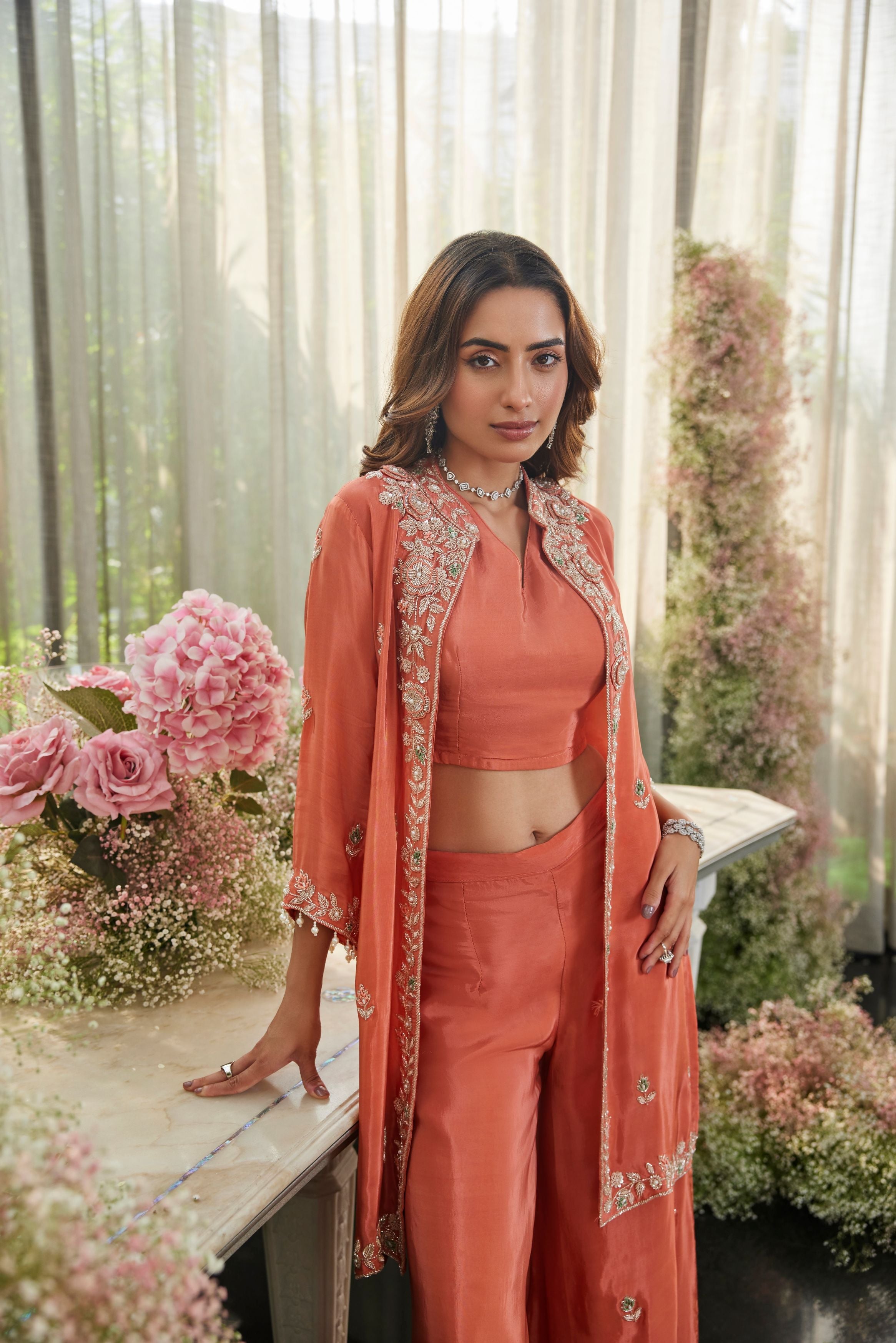 Terracotta Bloom – Embellished Jacket Co-Ord Set