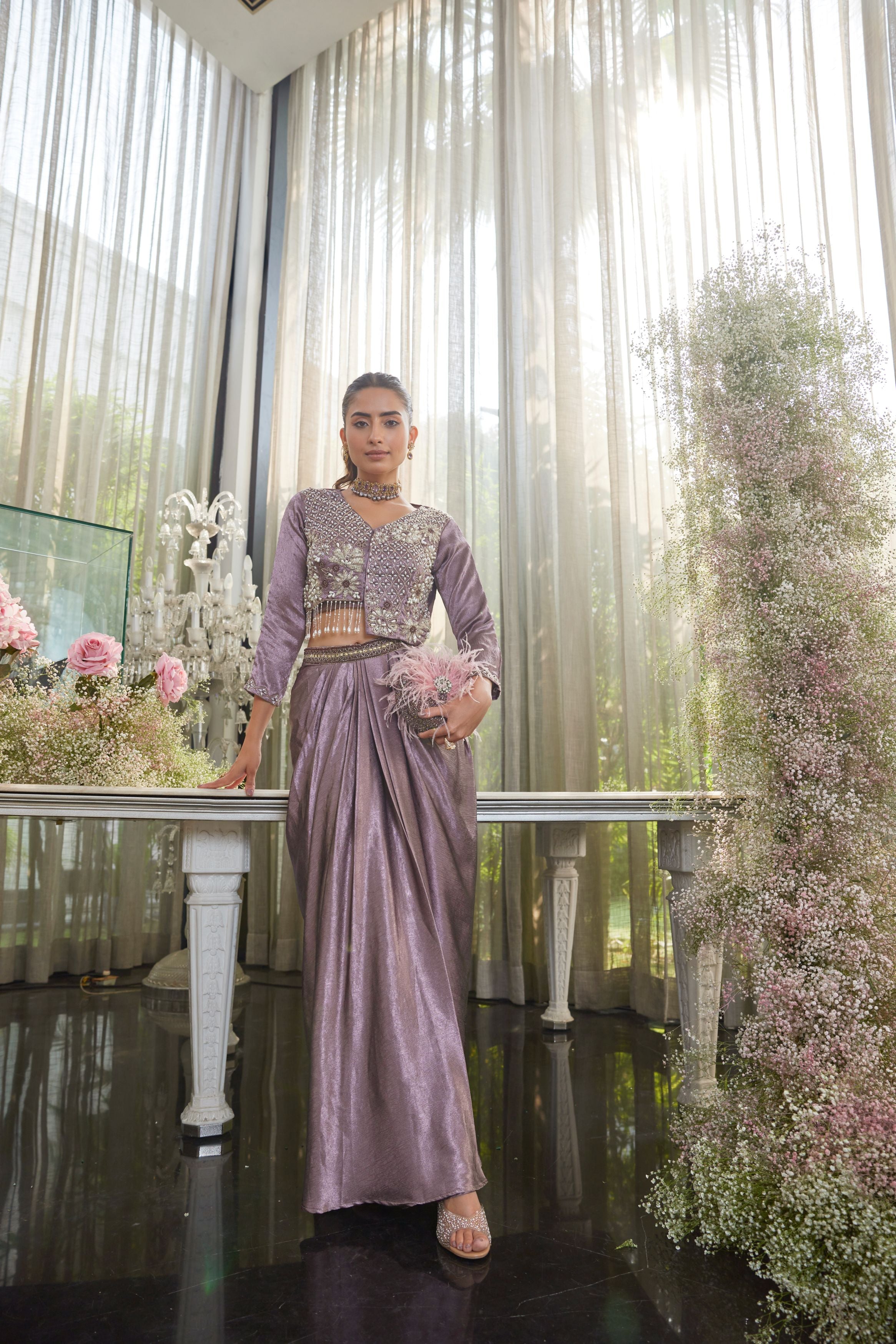 Dusty Purple Embellished Crepe Silk Skirt Set