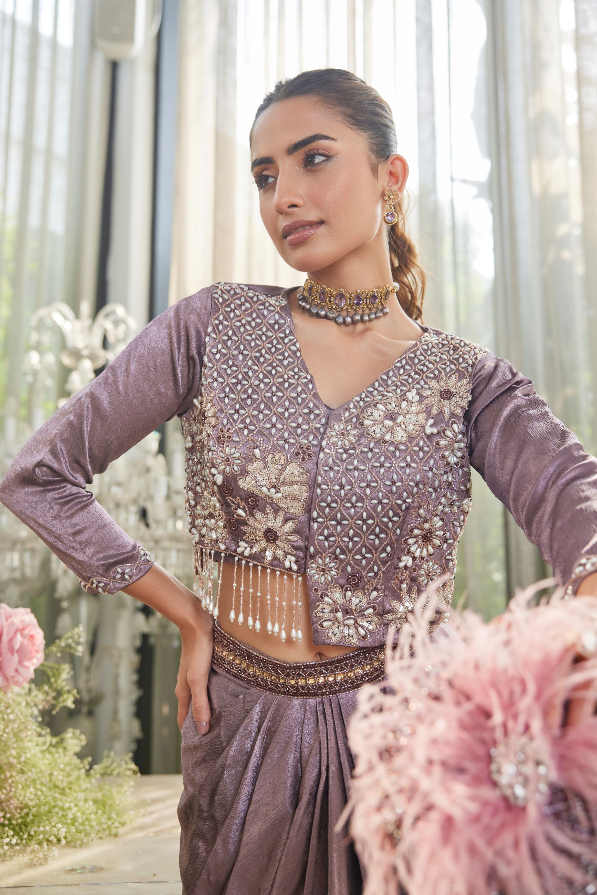 Dusty Purple Embellished Crepe Silk Skirt Set
