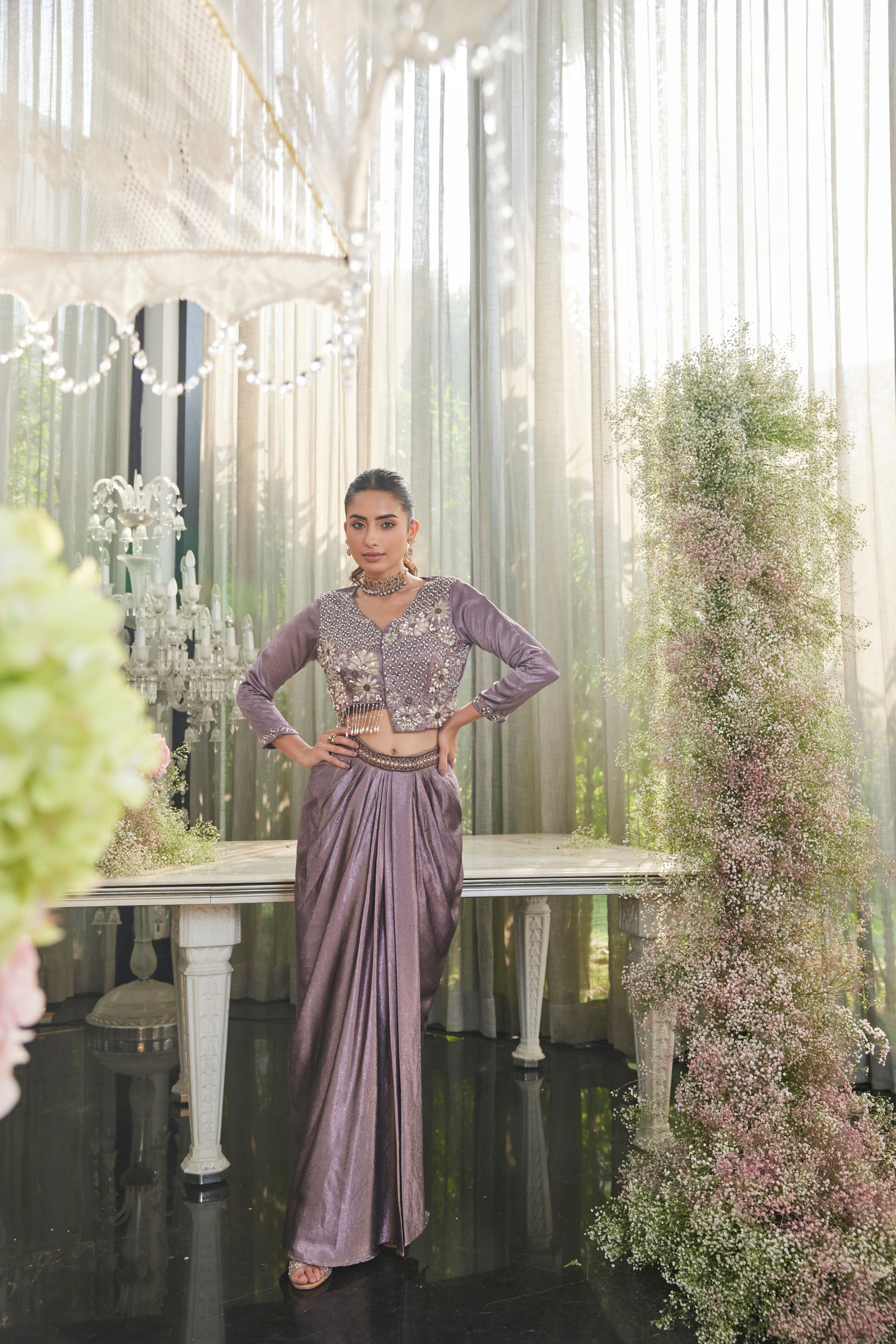 Dusty Purple Embellished Crepe Silk Skirt Set