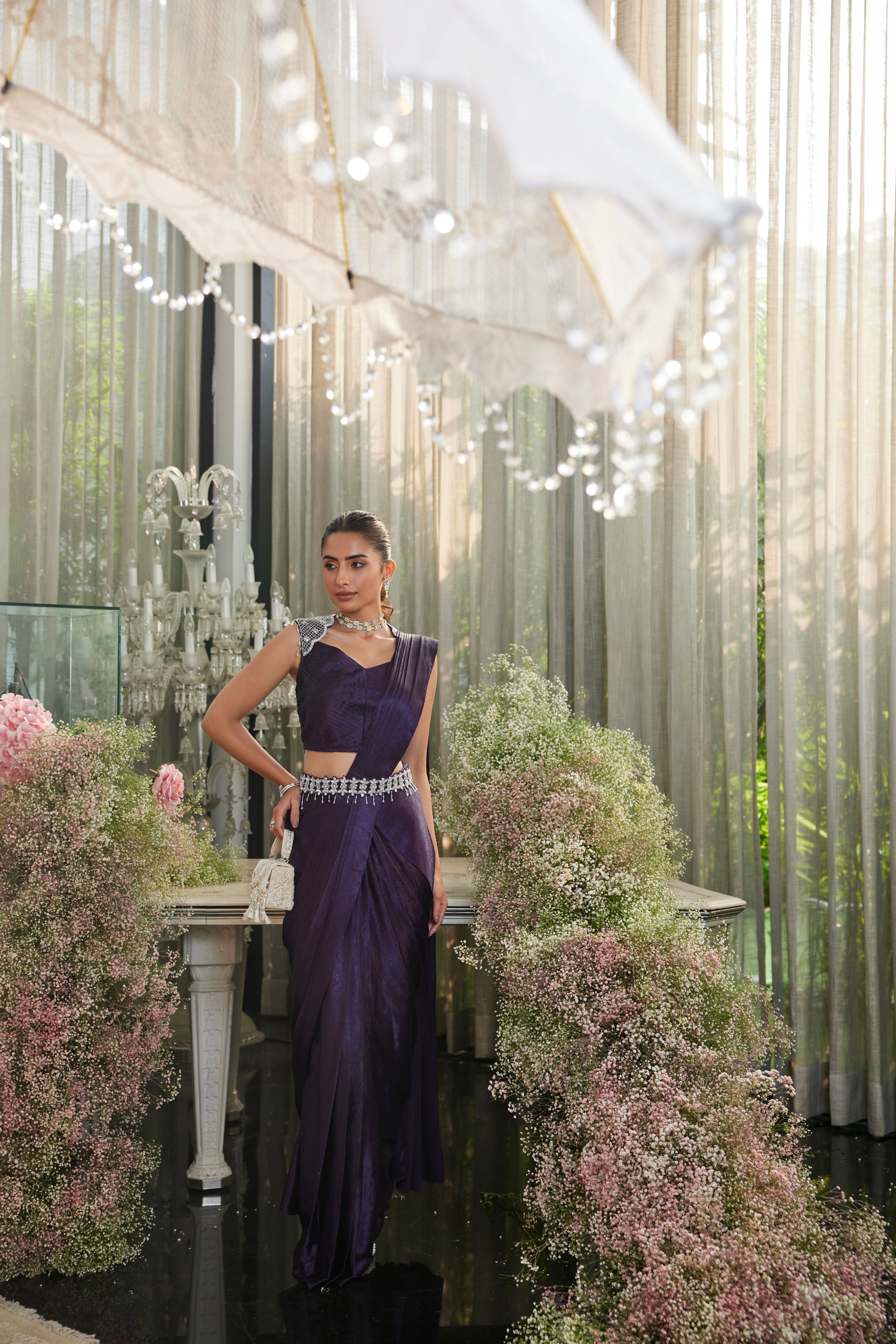 Purple Crushed Satin Draped Saree