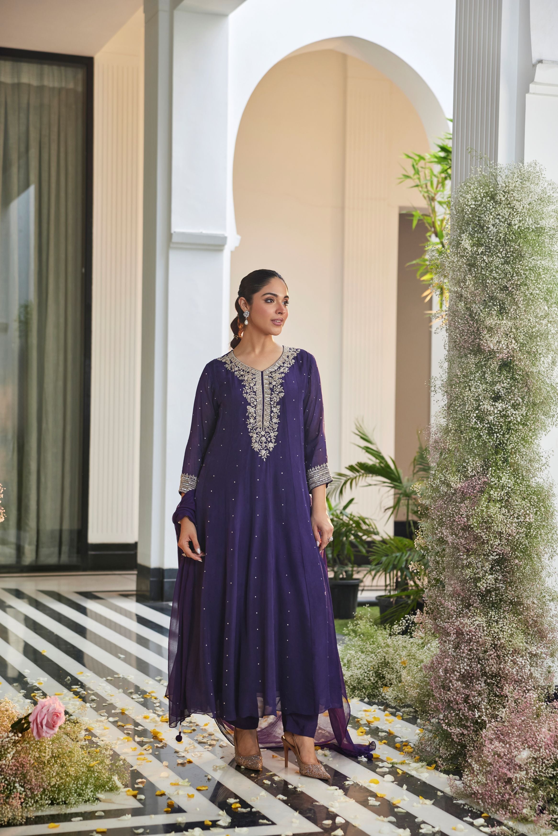 Deep Royal Purple Embellished Georgette Silk Anarkali Set