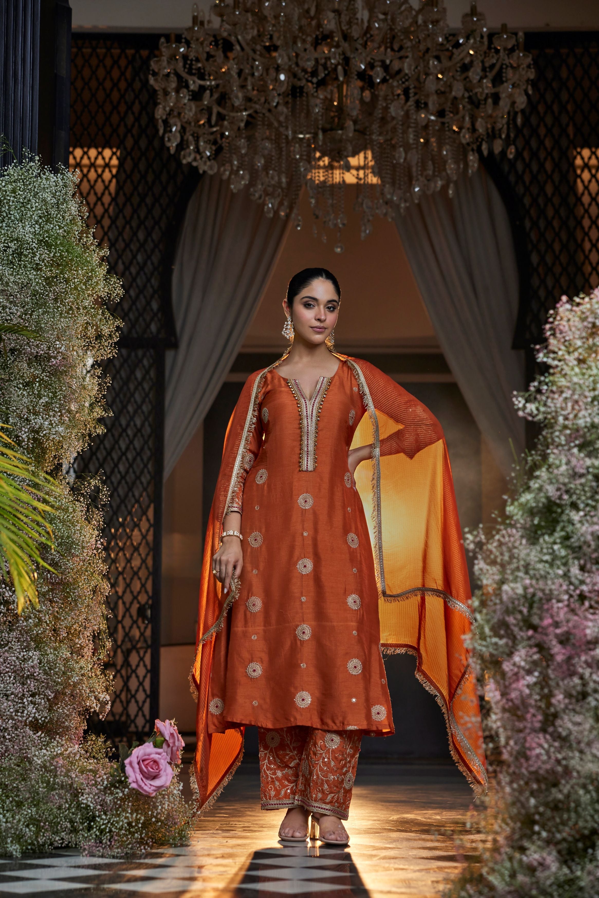 Rust Orange Embellished Raw Silk Pant Set