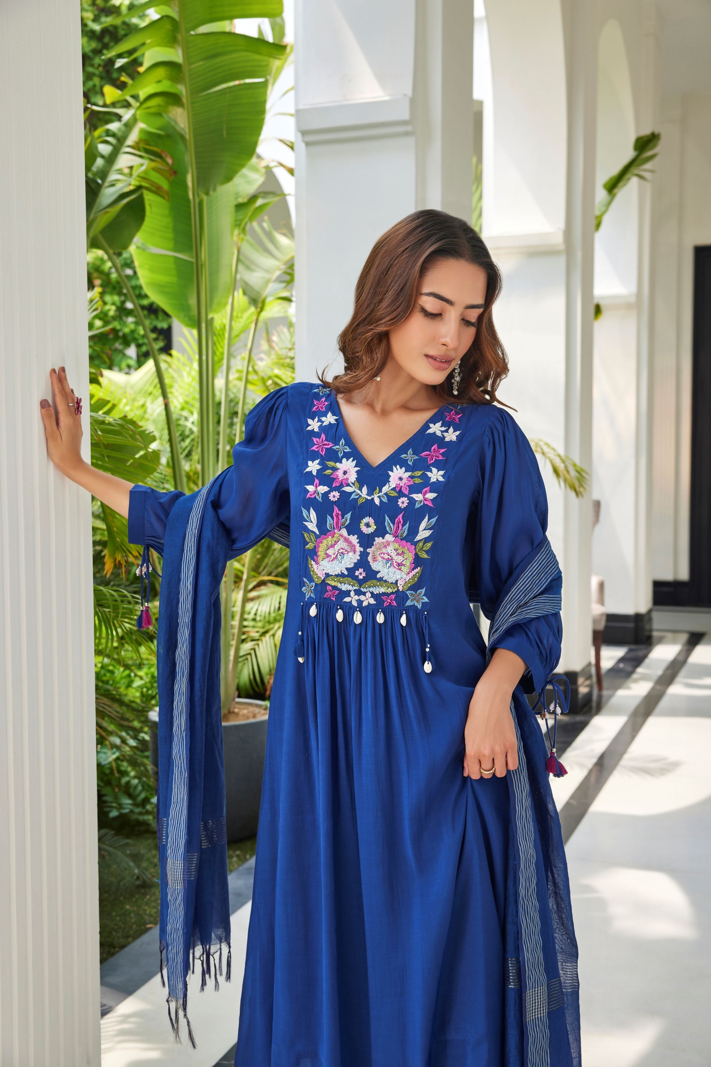 Blue Embroider Mul Cotton Silk Pant Set