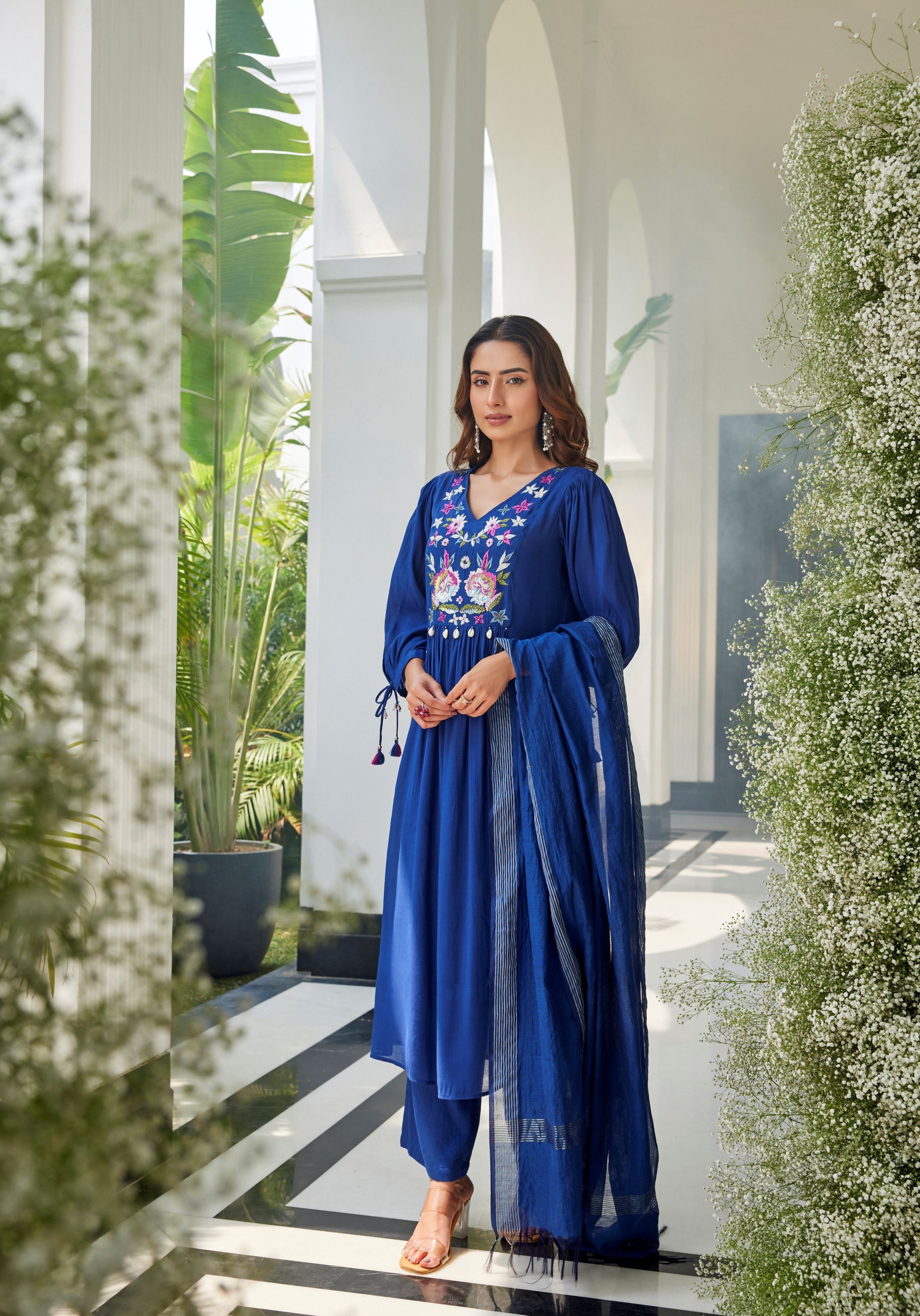 Blue Embroider Mul Cotton Silk Pant Set