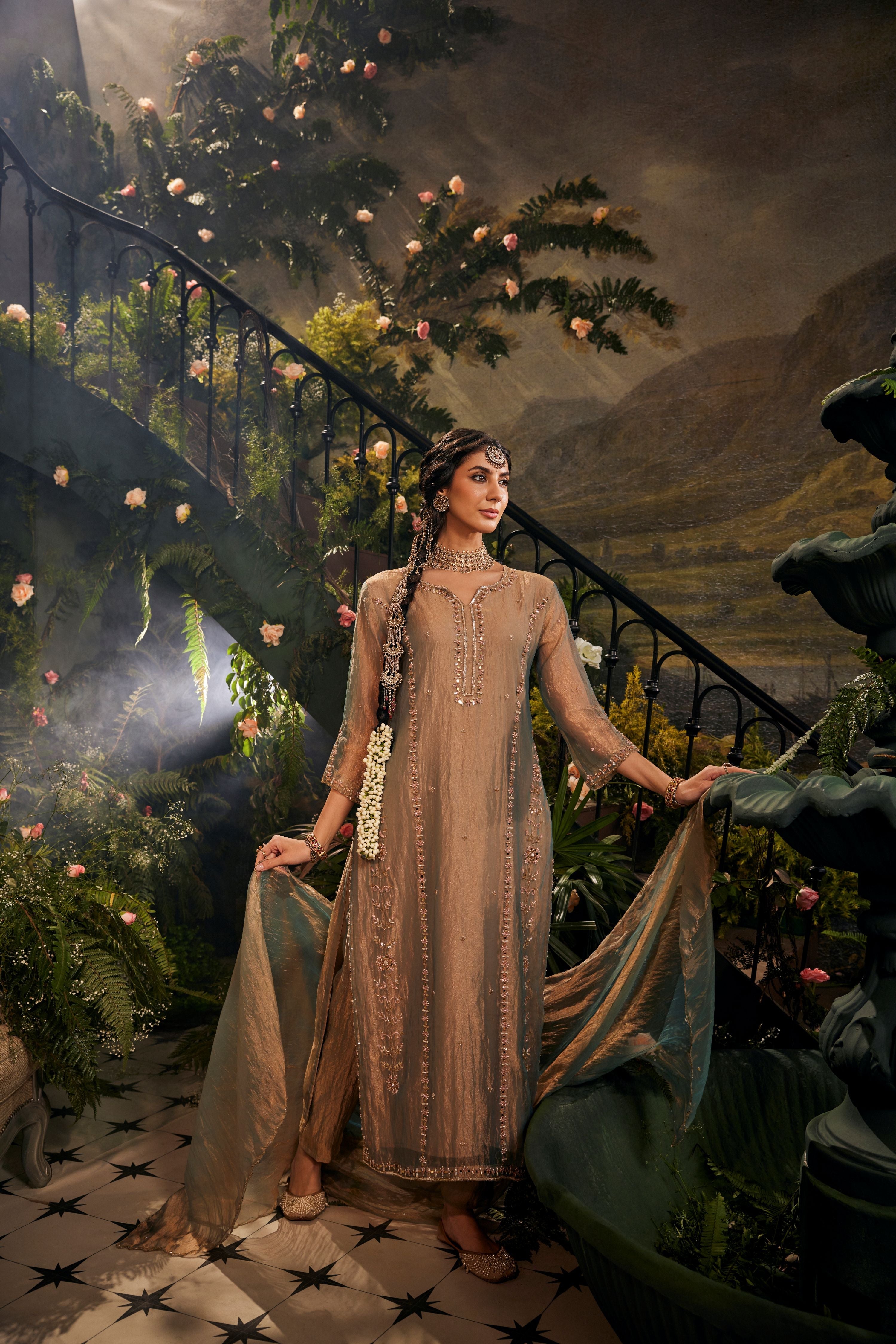 Slate Grey Dual Tone Embellished Organza Silk Pant Set