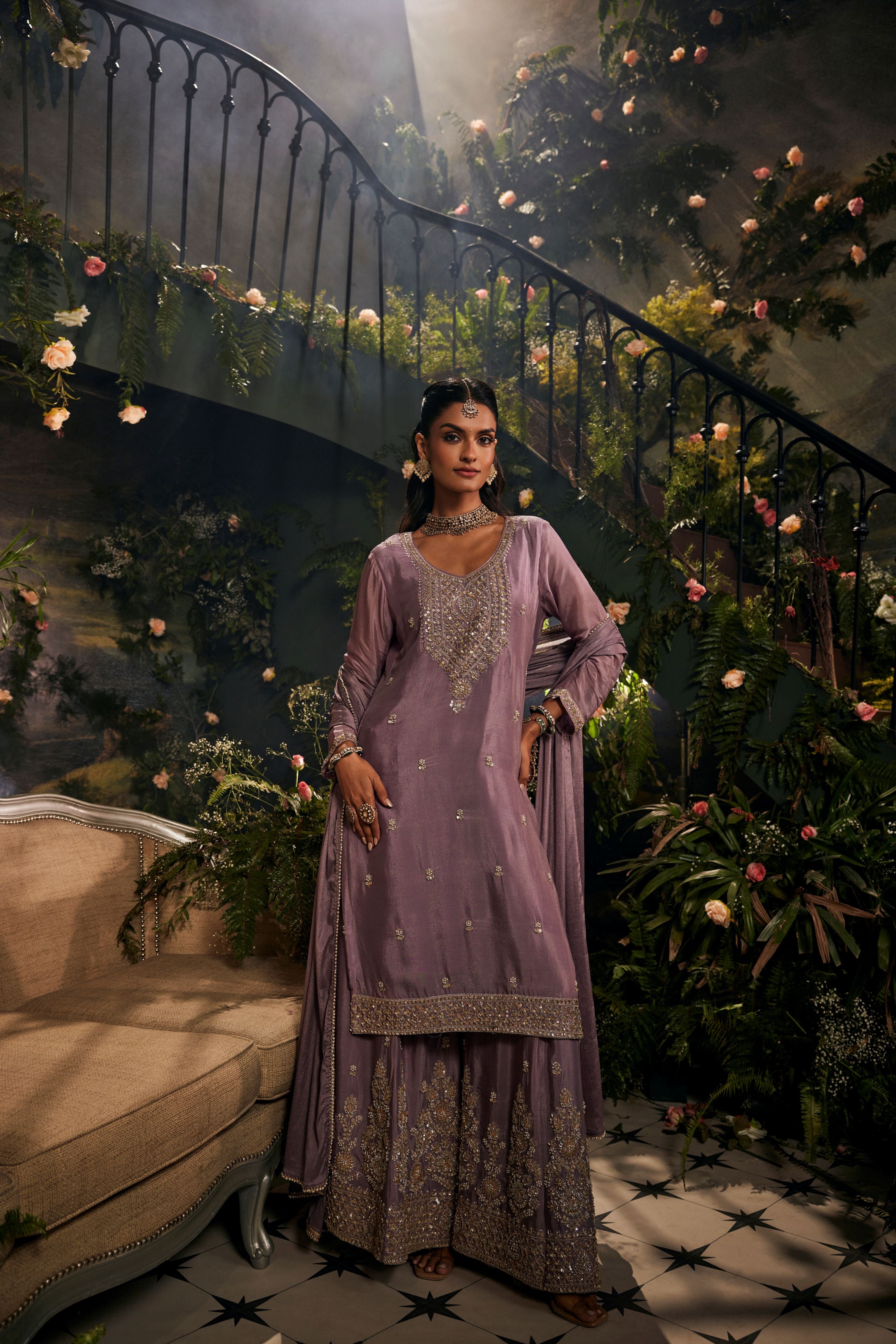 Light Mauve Embellished Premium Silk Palazzo Set