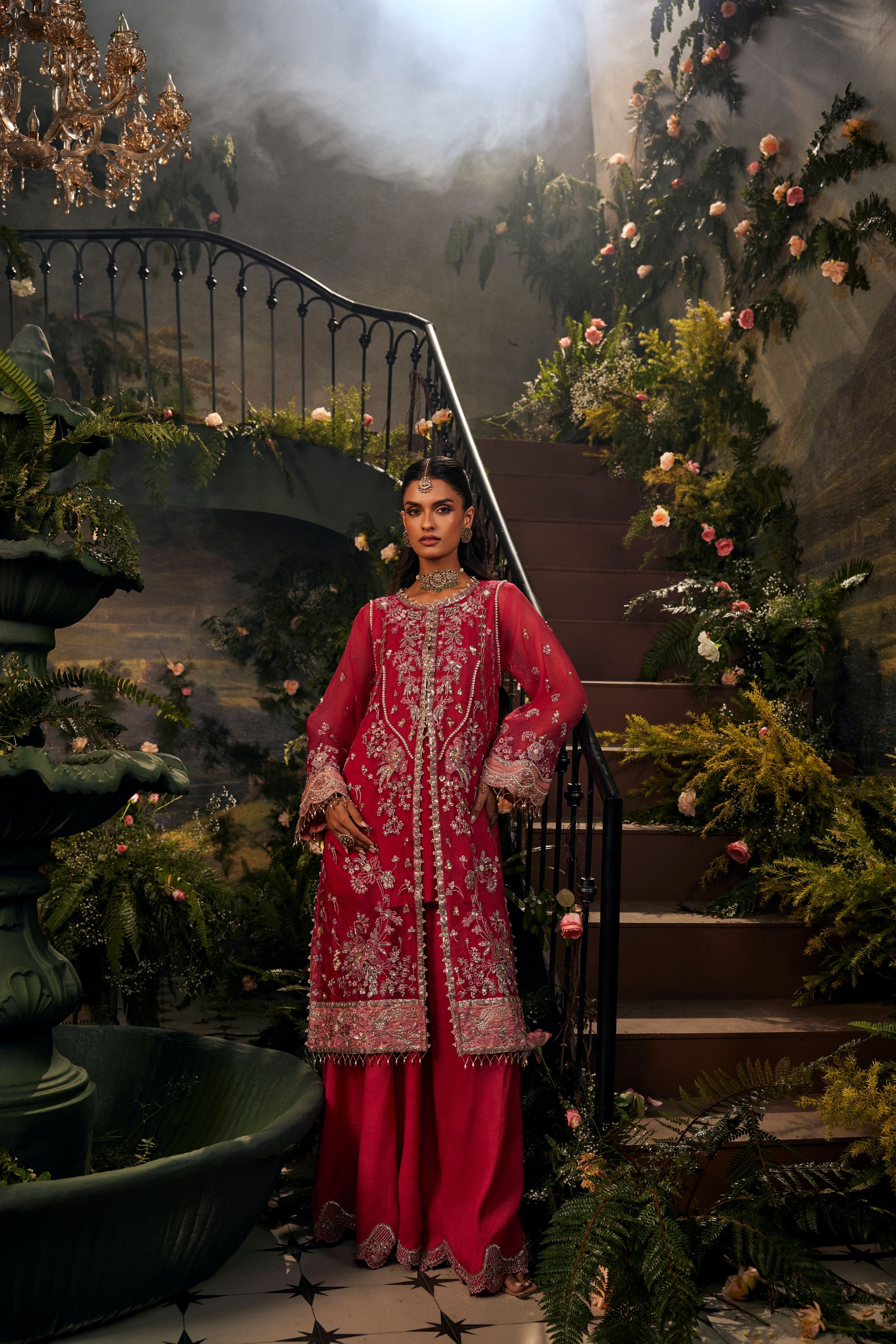 Rani Pink Embellished Organza Silk Palazzo Set