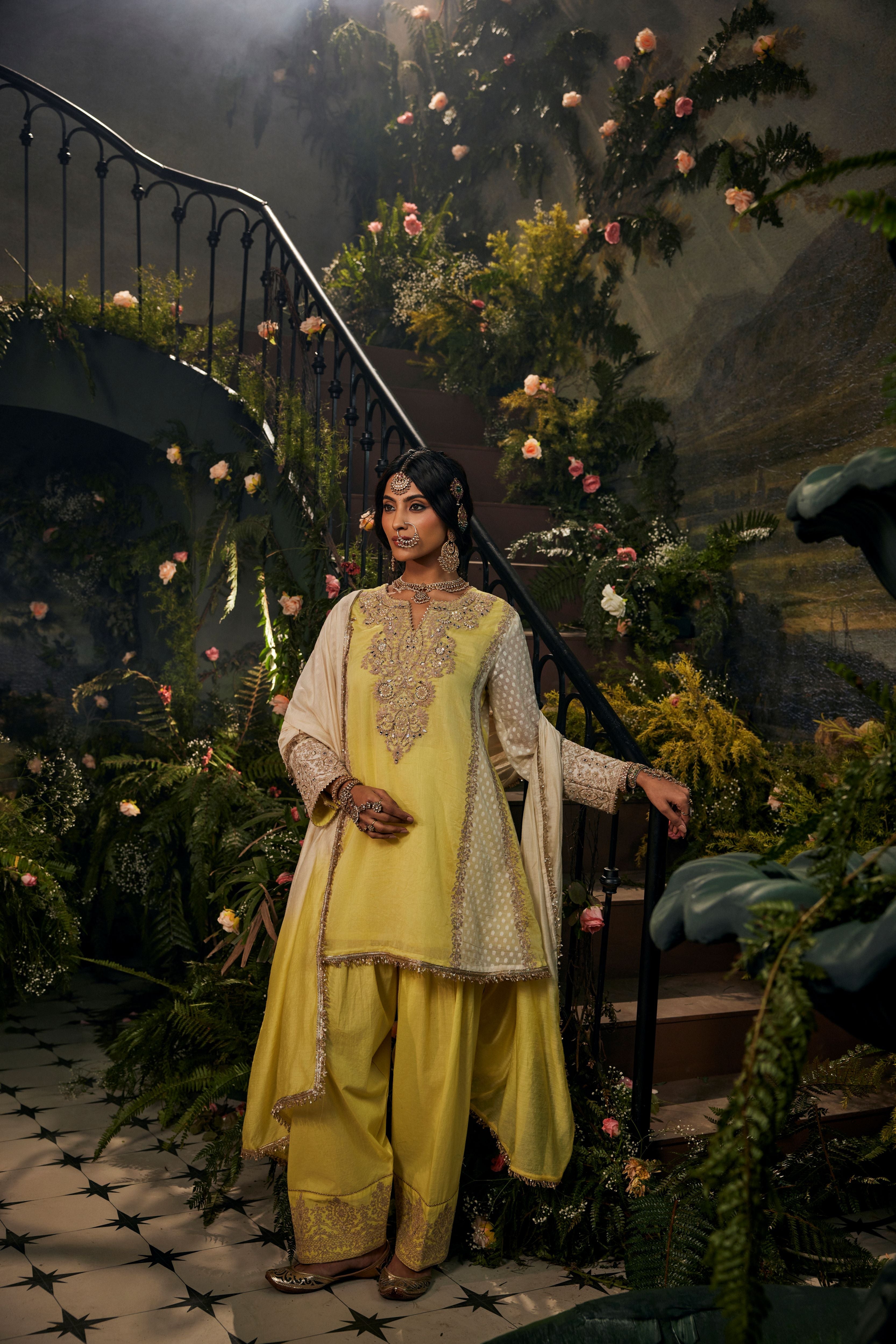 Lemon Yellow Embroidered Raw Silk Pant Set