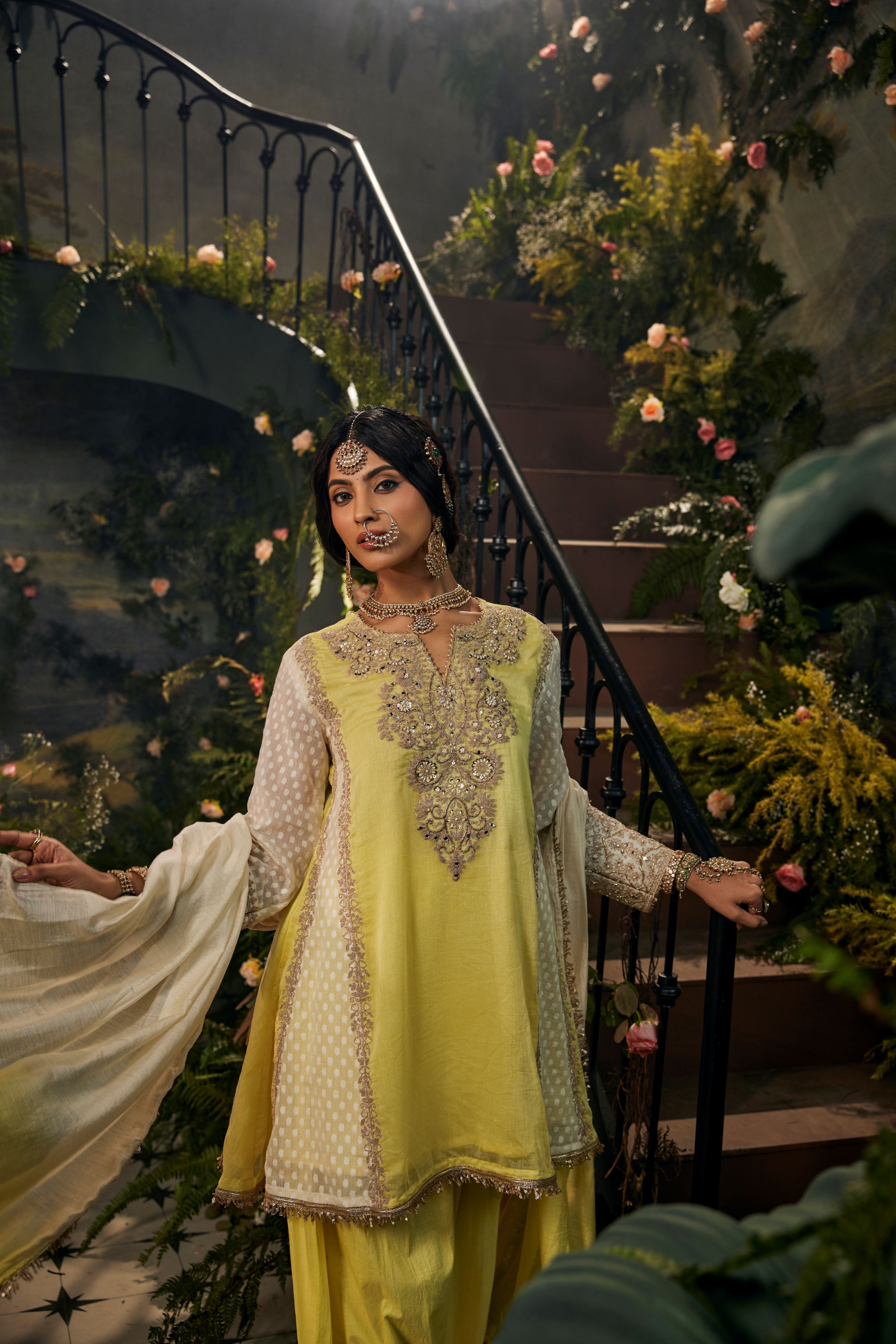 Lemon Yellow Embroidered Raw Silk Pant Set