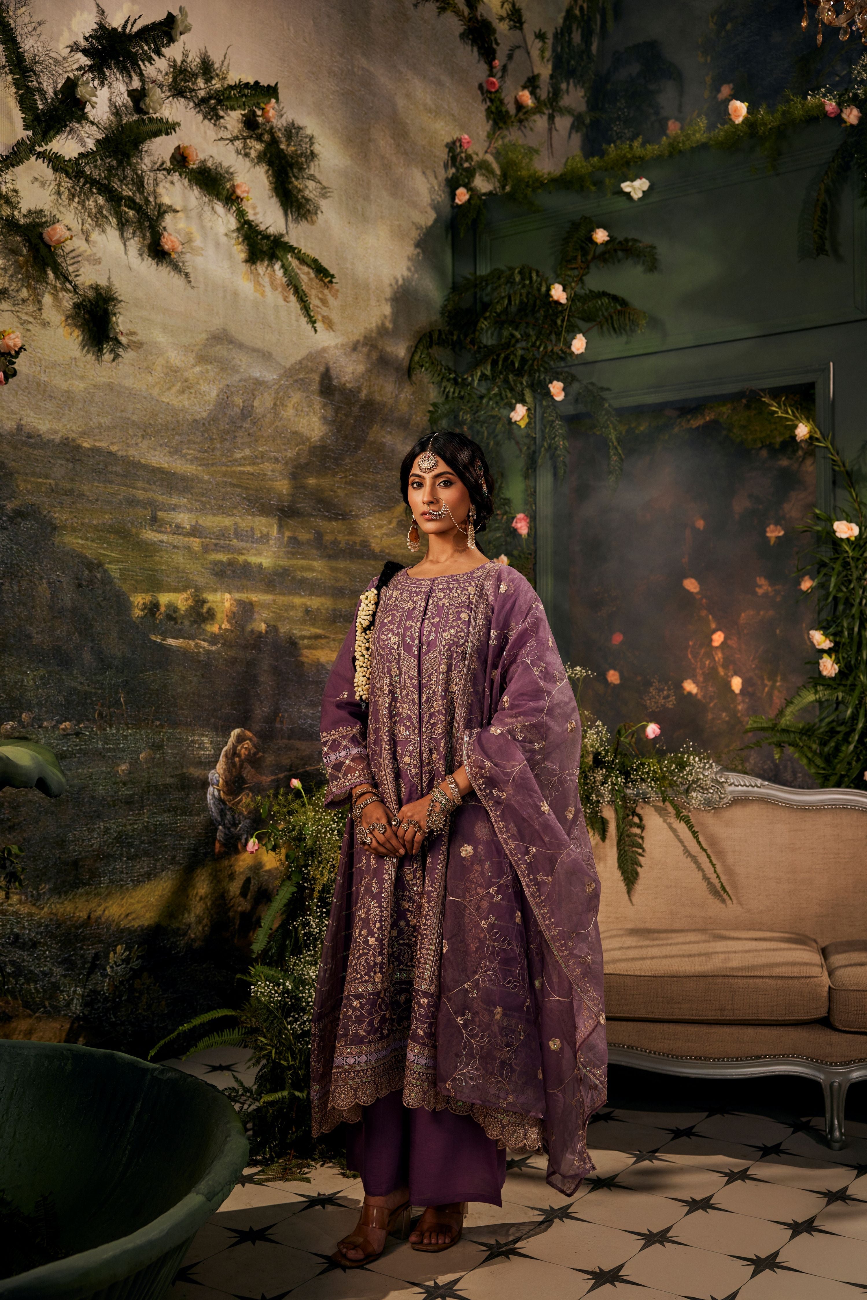 Rouge Purple Embroidered Organza Silk Pant Set