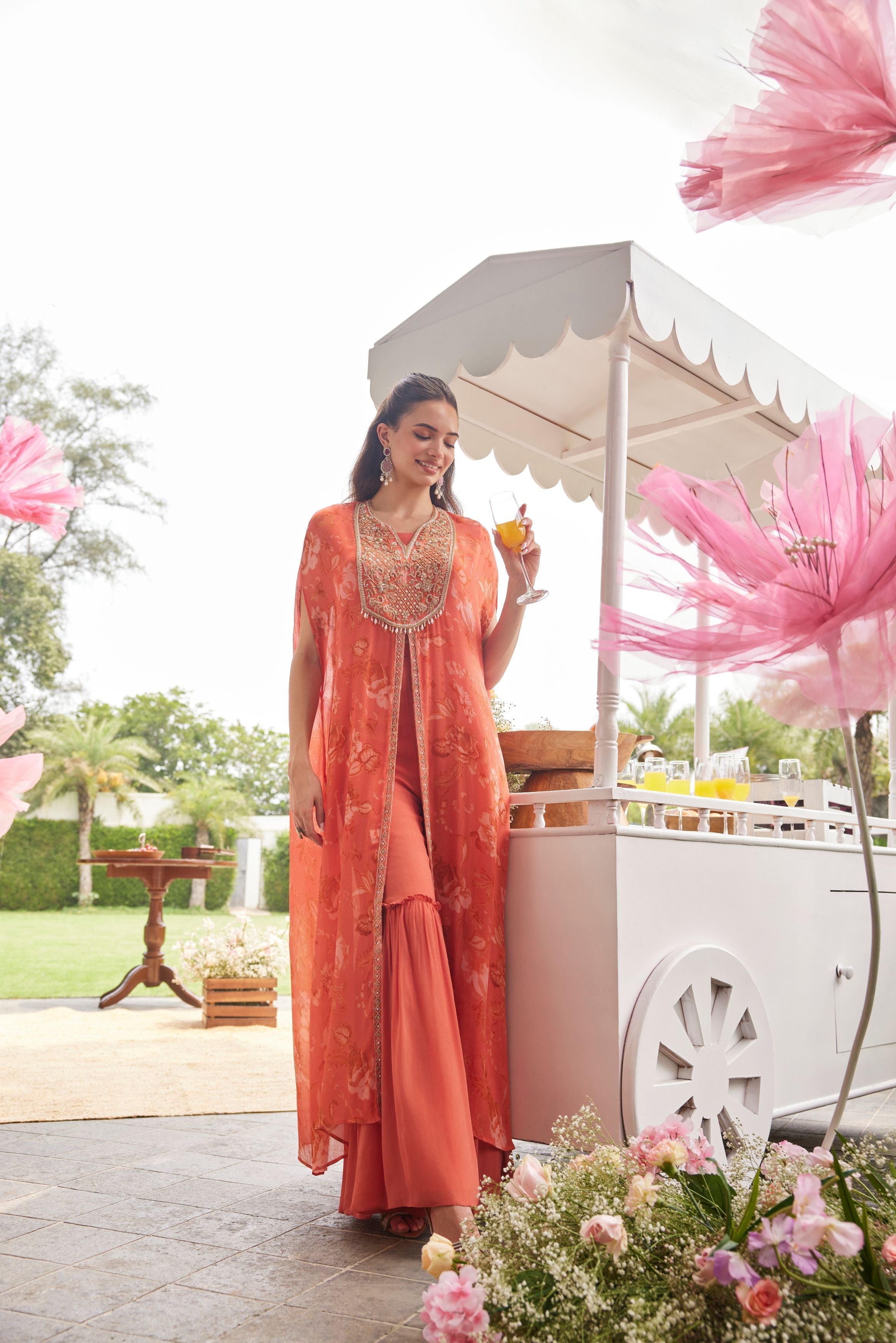 Dark Peach Embellished Chinon Silk Sharara Set