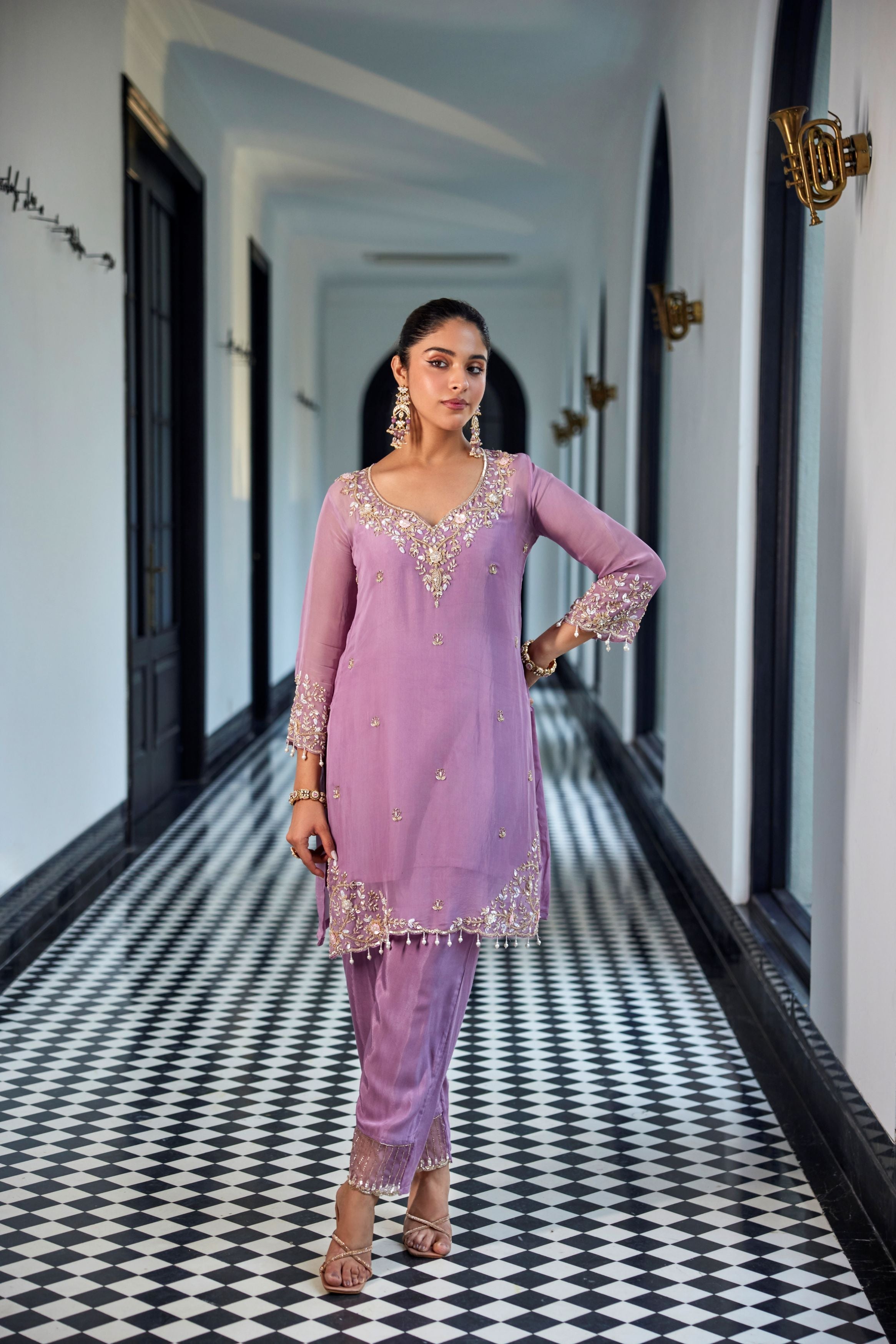Pastel Purple Embellished Organza Silk Kurta Set