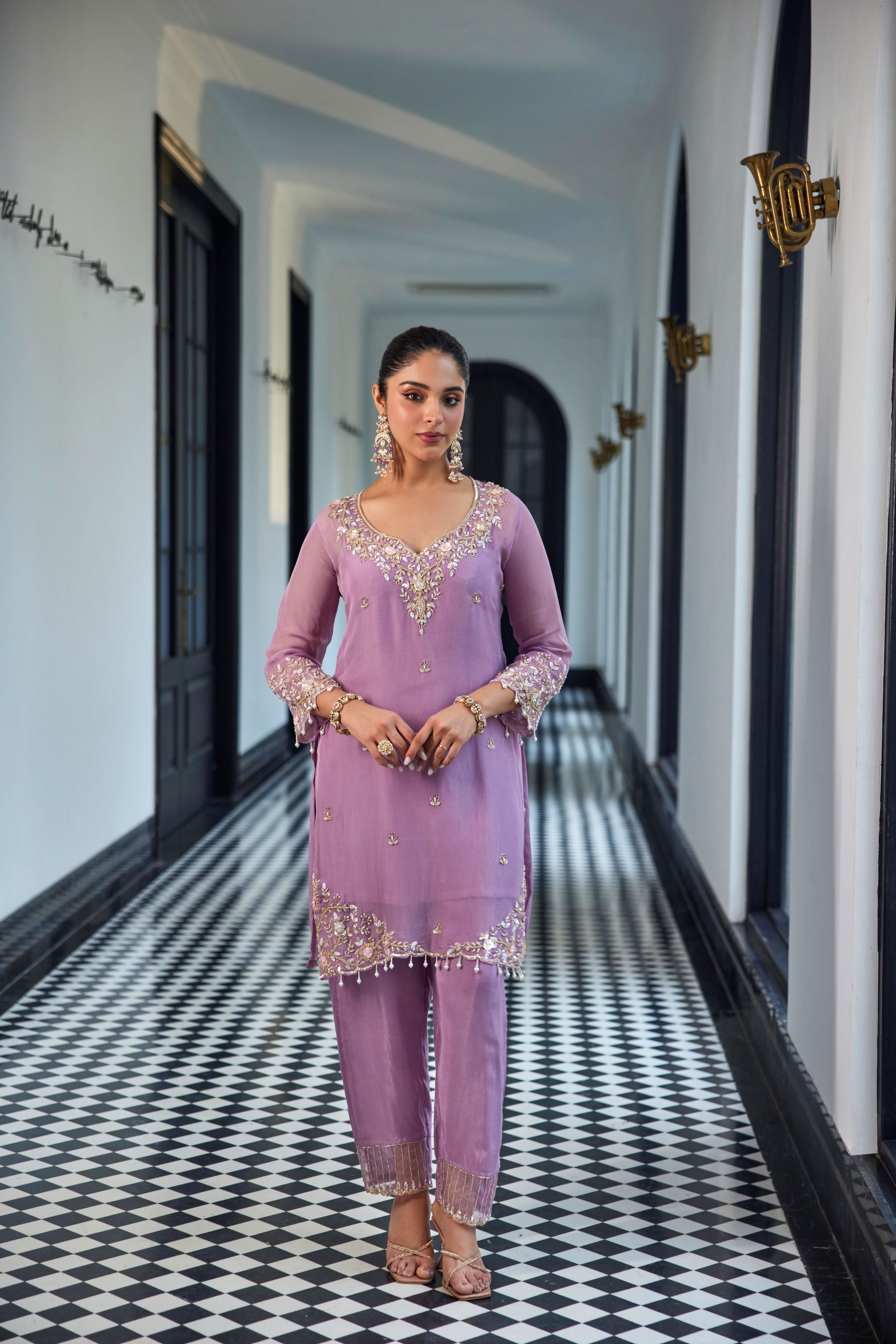 Pastel Purple Embellished Organza Silk Kurta Set