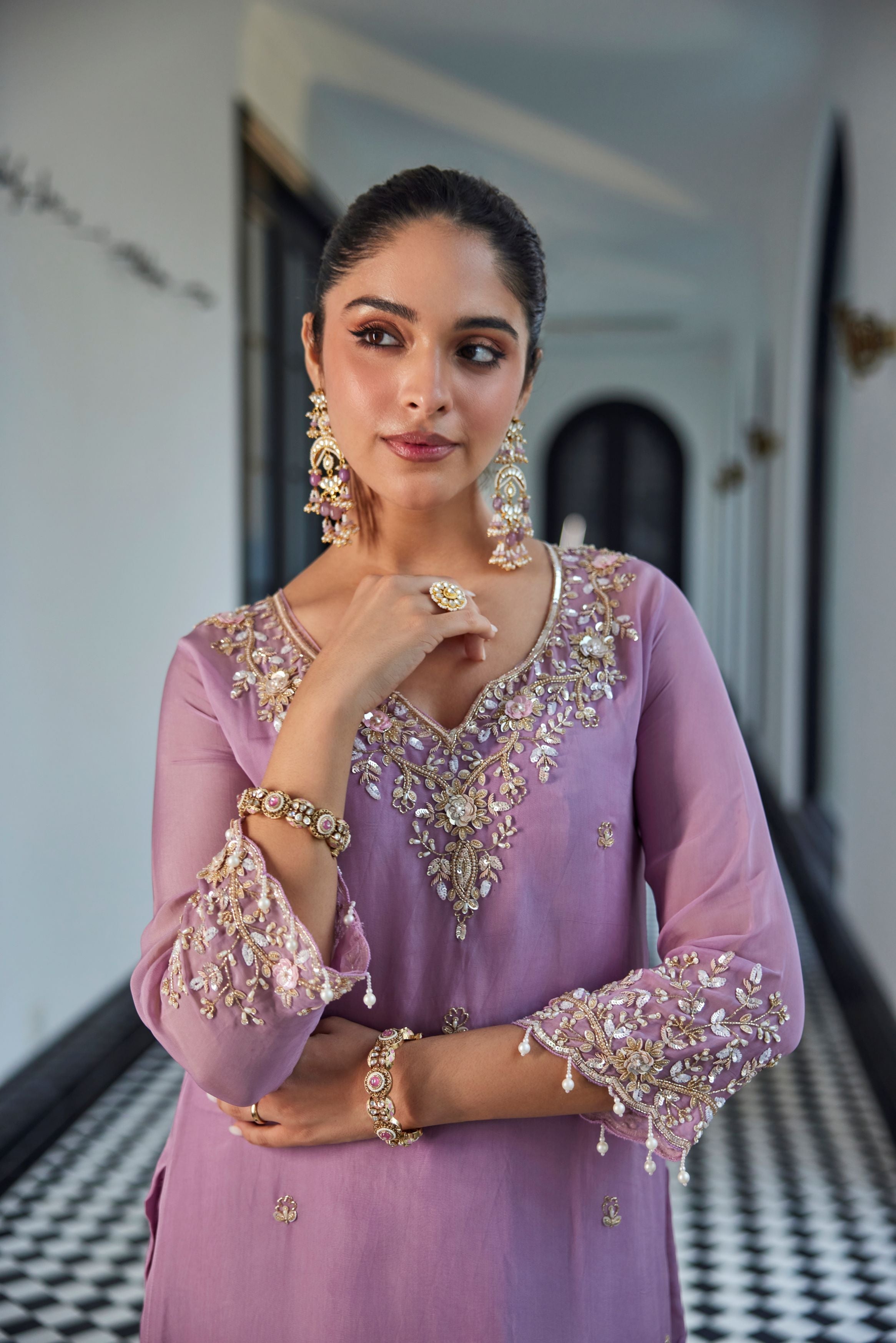 Pastel Purple Embellished Organza Silk Kurta Set
