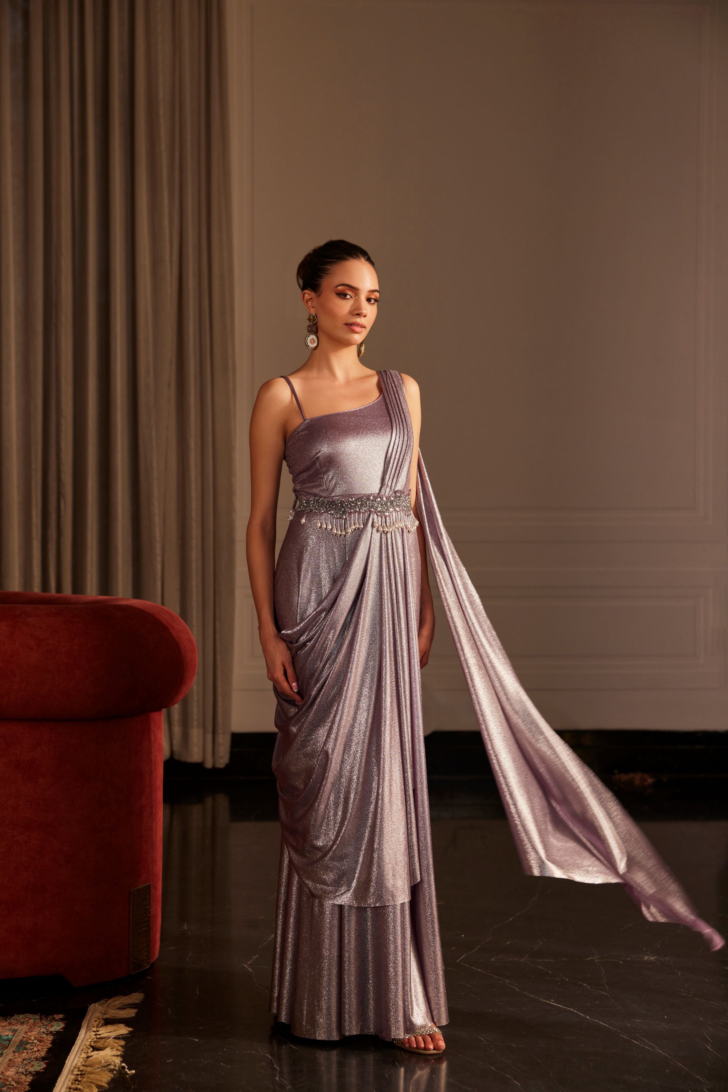 Pastel Purple Embellished Shimmer Lycra Gown