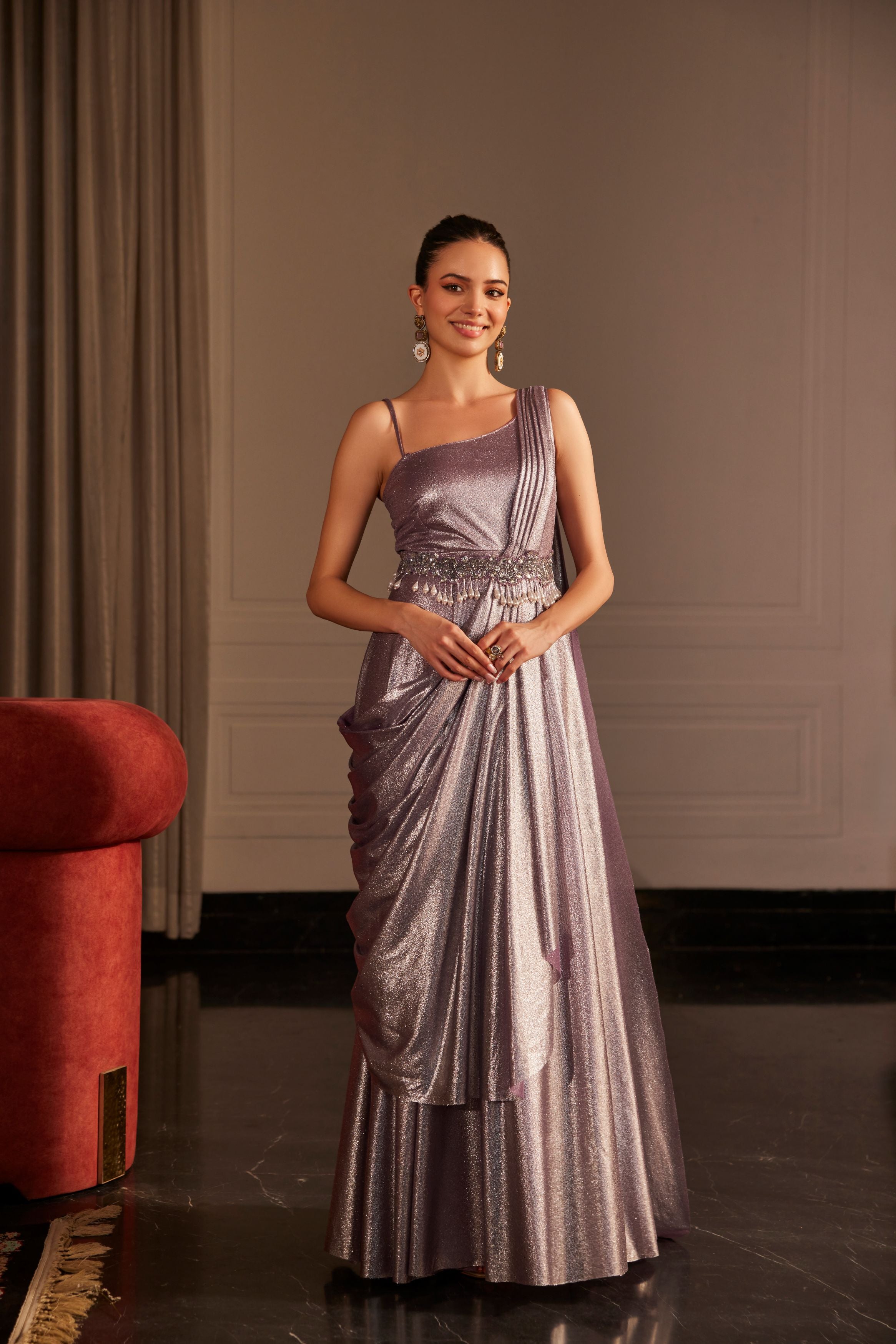 Pastel Purple Embellished Shimmer Lycra Gown
