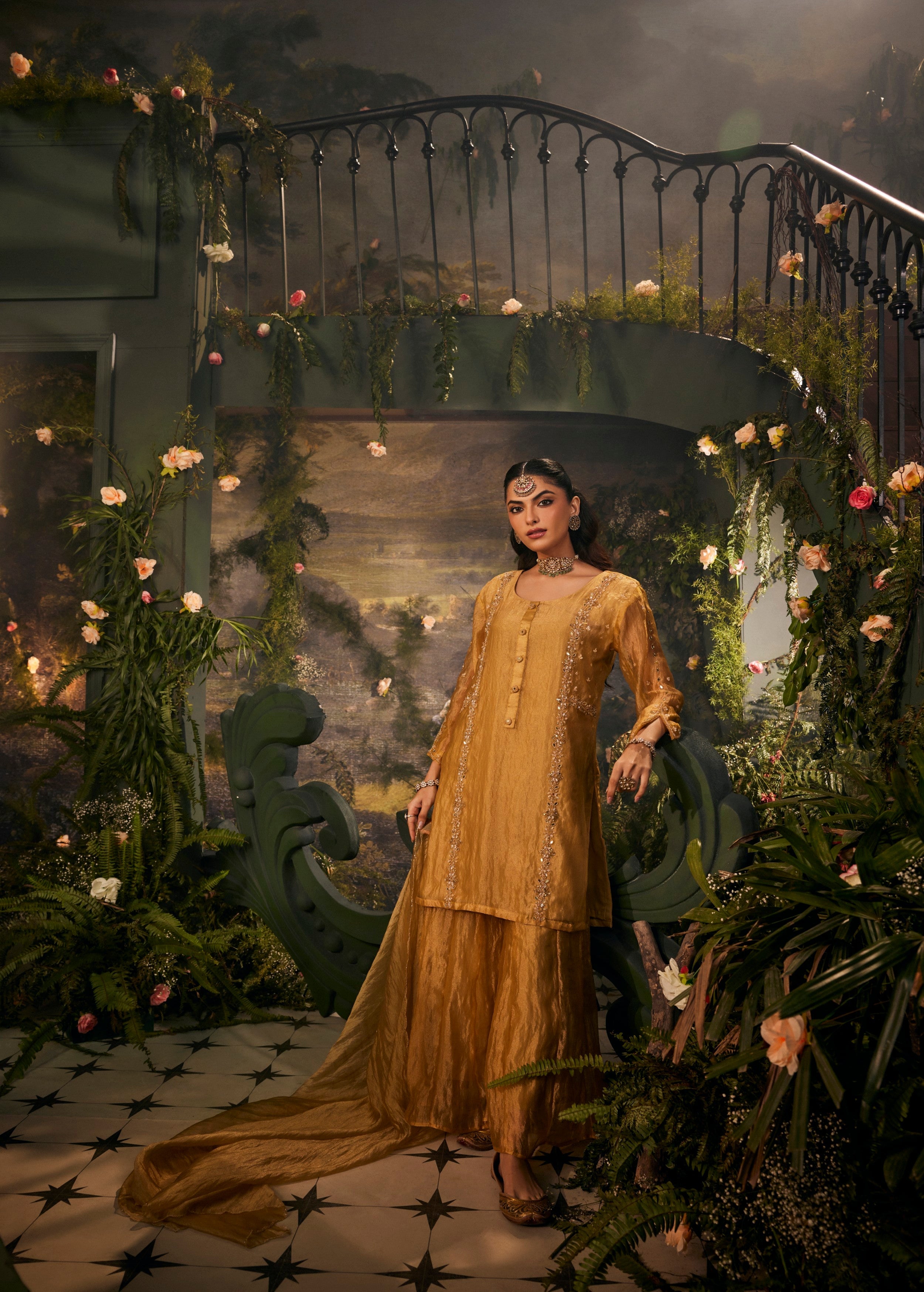 Meher Gold Embellished Shimmer Tissue Silk Palazzo Set