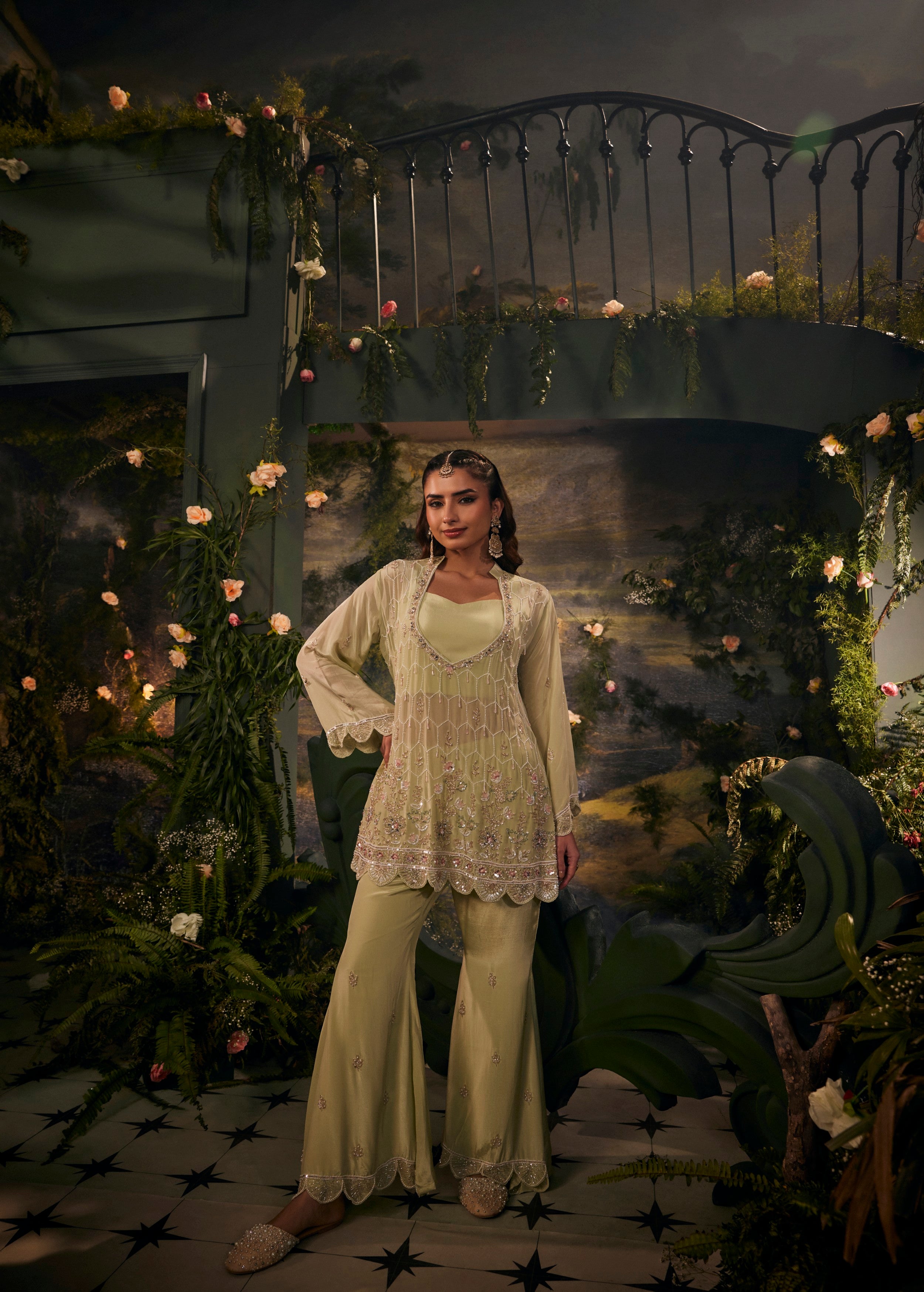 Ziya Green Embellished Crepe Silk Co-Ord Set