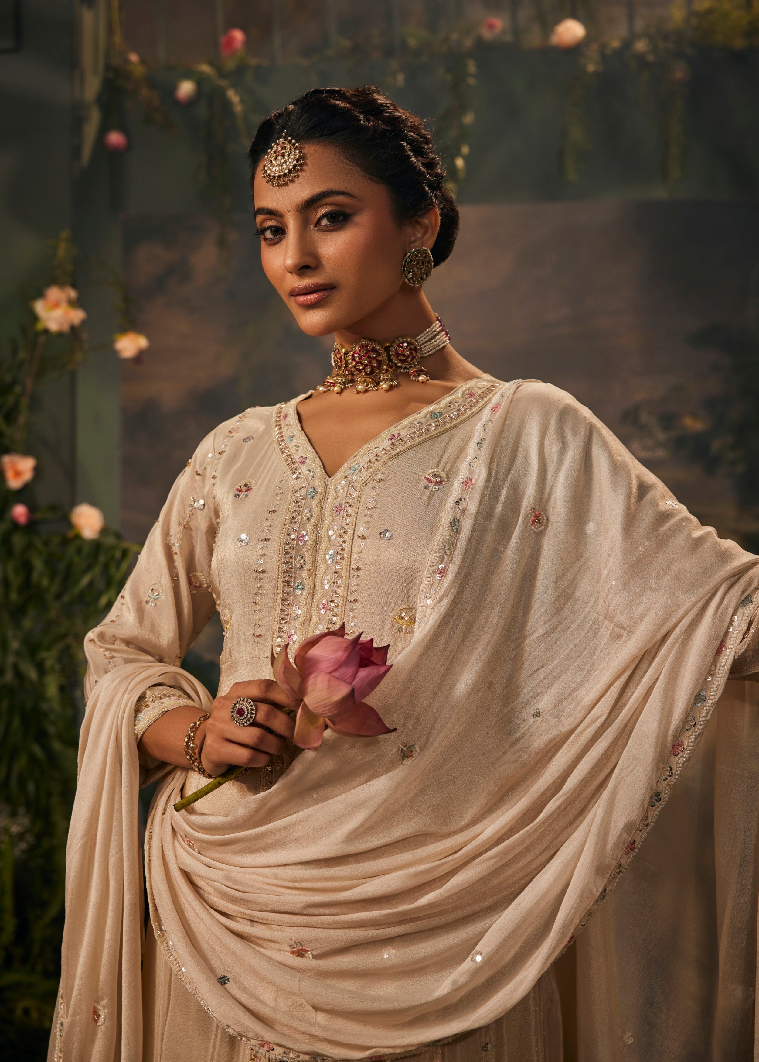 Ivory Pearl Embellished Shimmer Tissue Silk Anarkali Set