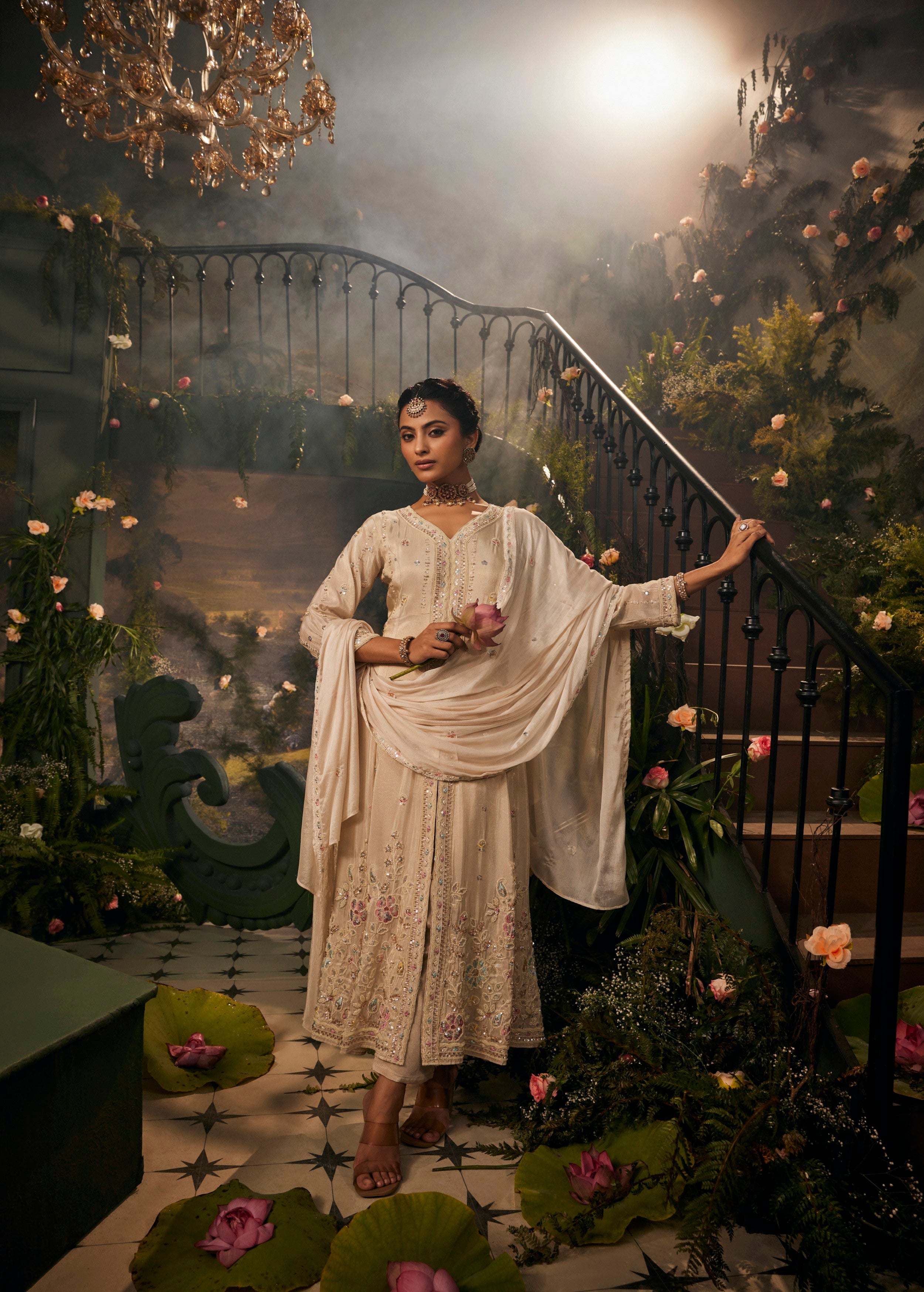 Ivory Pearl Embellished Shimmer Tissue Silk Anarkali Set