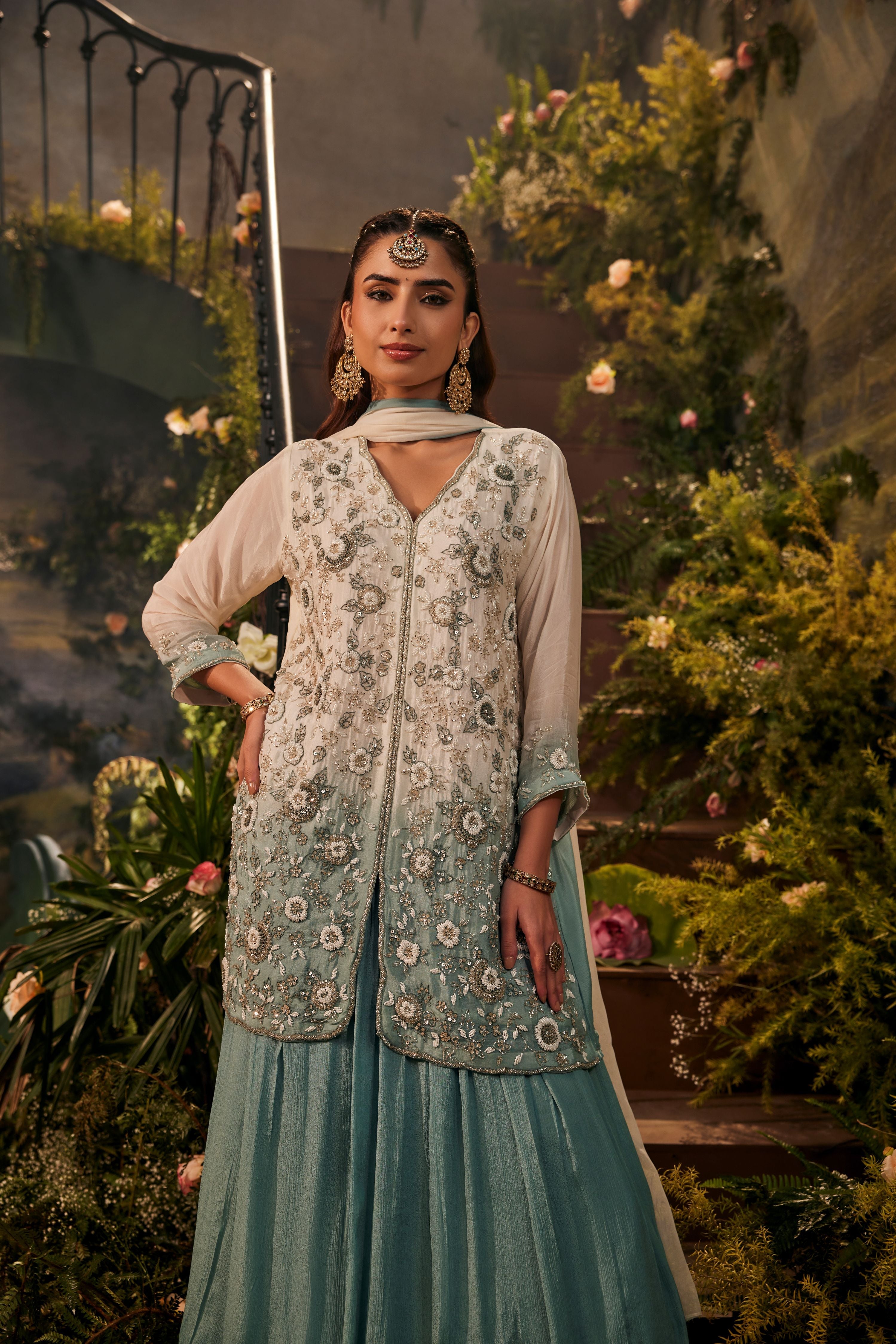 White Ombre Embellished Crepe Silk Palazzo Set