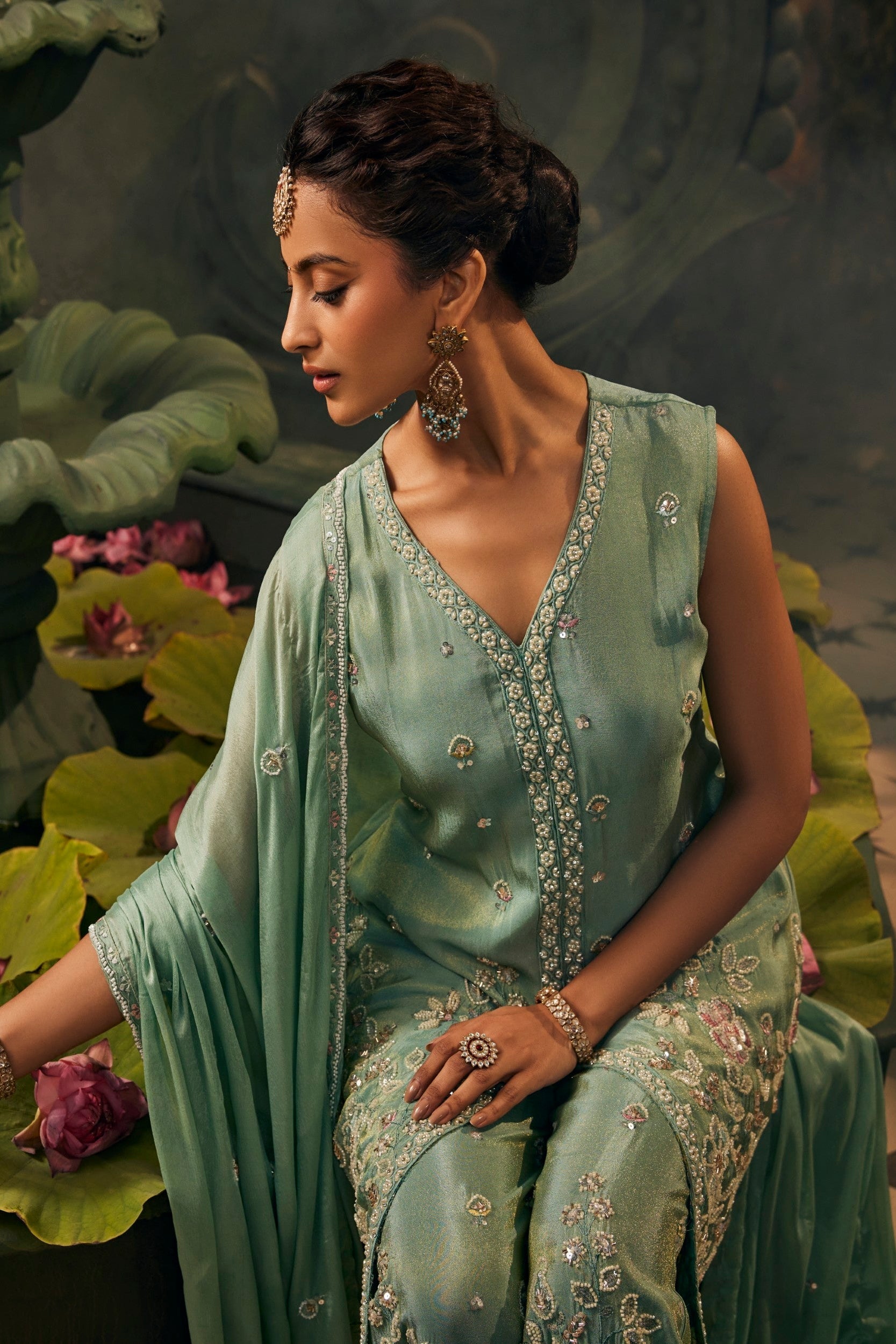 Glossy Sage Embellished Shimmer Silk Pant Set