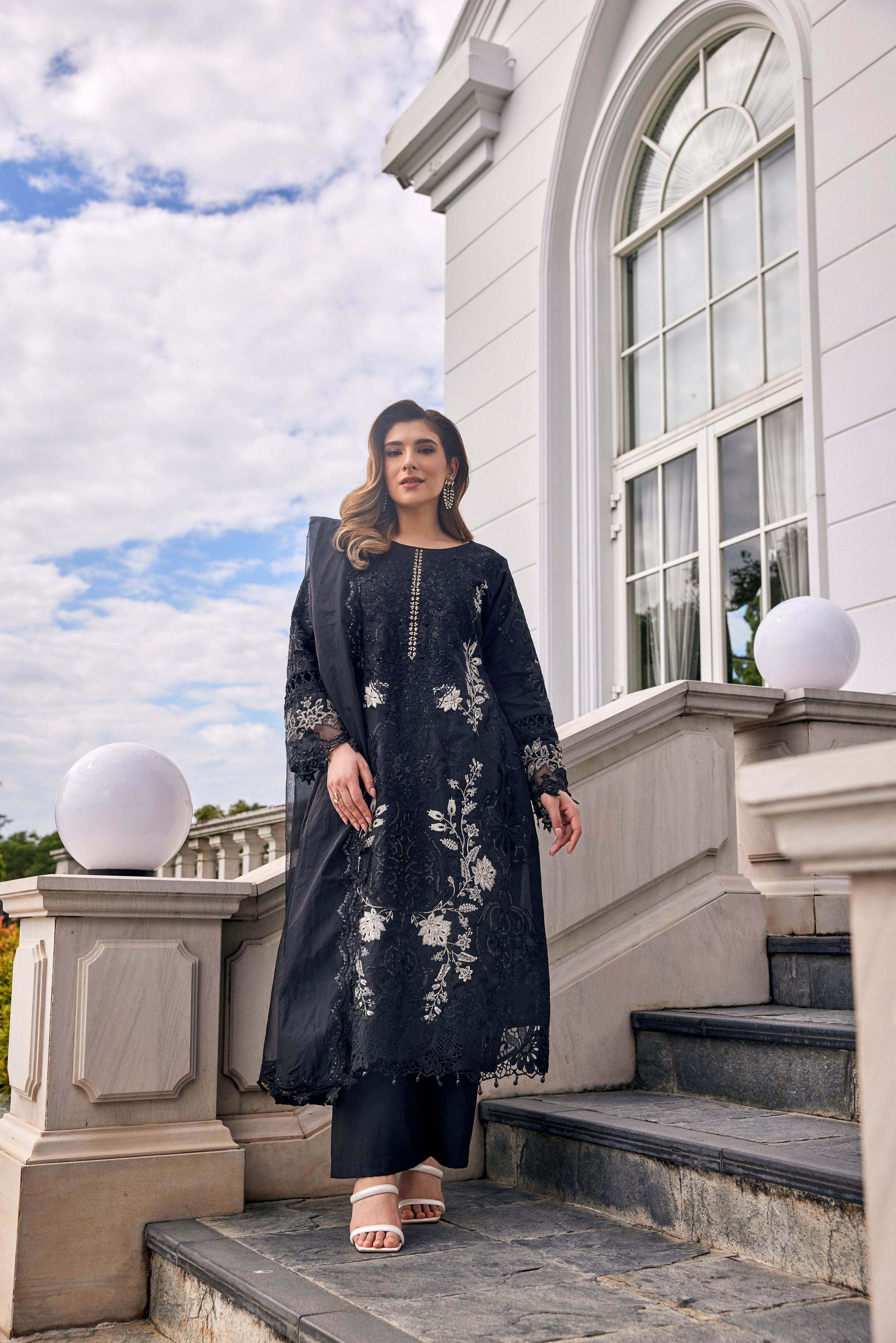 Jet Black Embroidered Organza Silk Pant Set