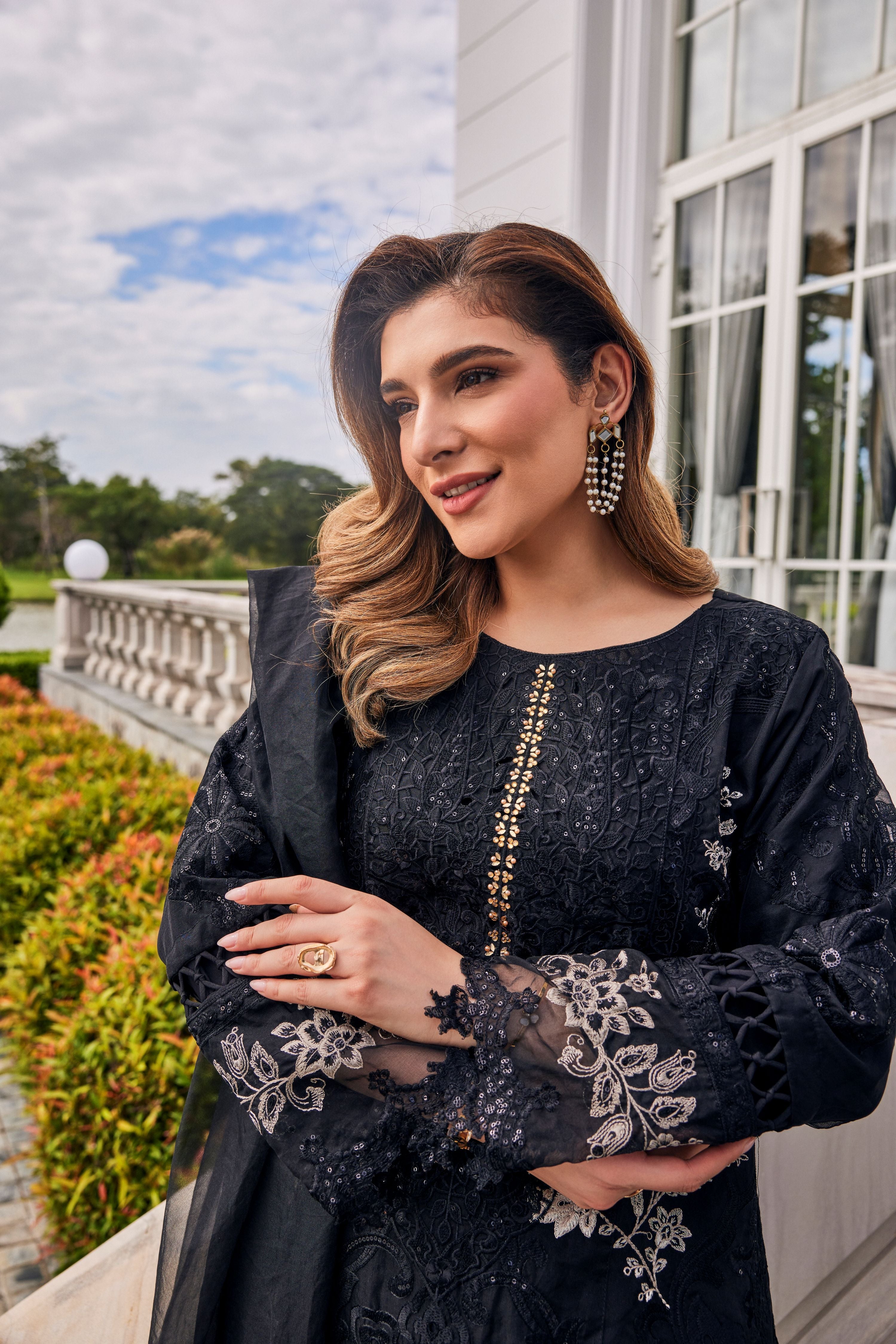 Jet Black Embroidered Organza Silk Pant Set