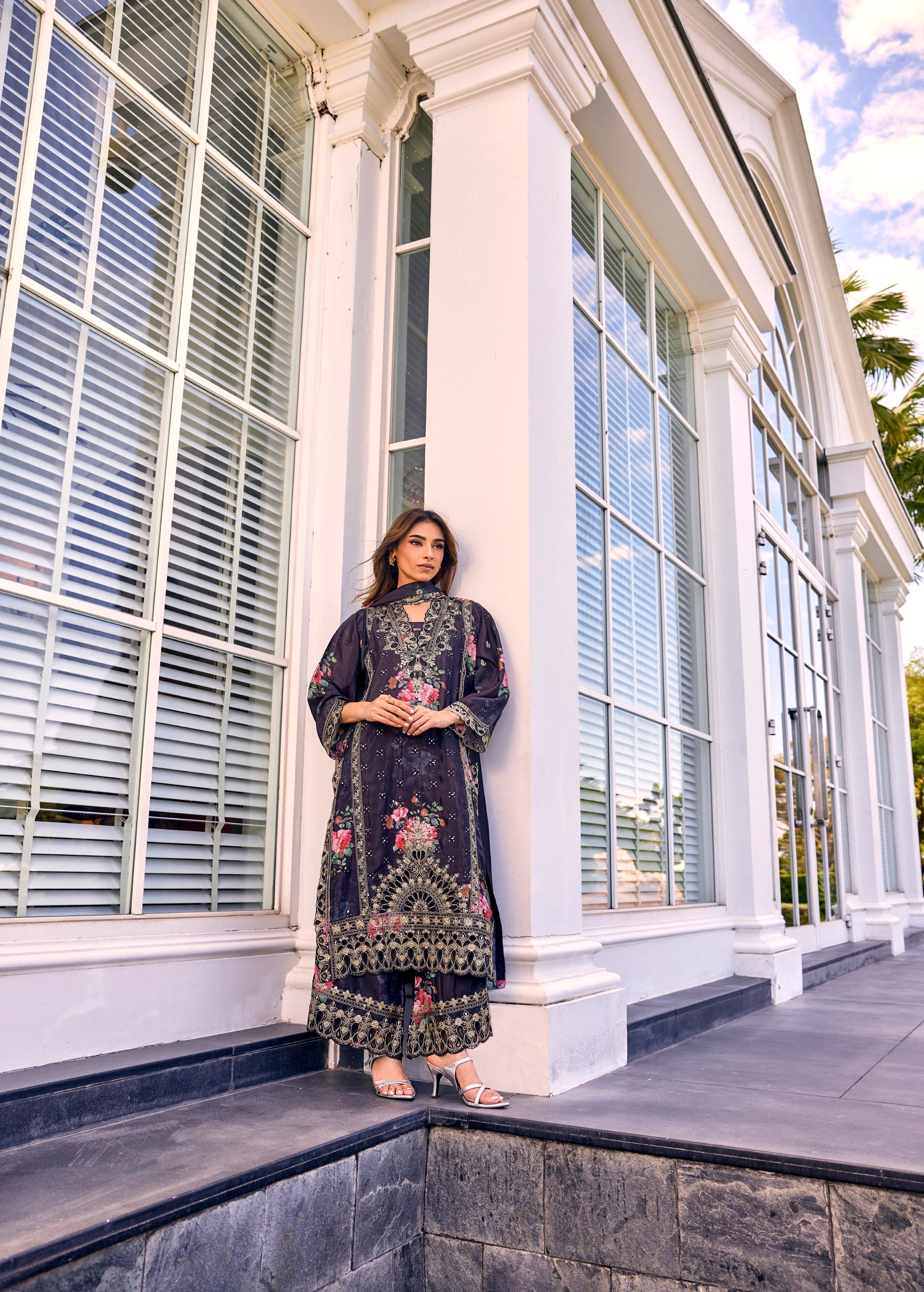 Smokey Black Embroidered Organza Silk Palazzo Set