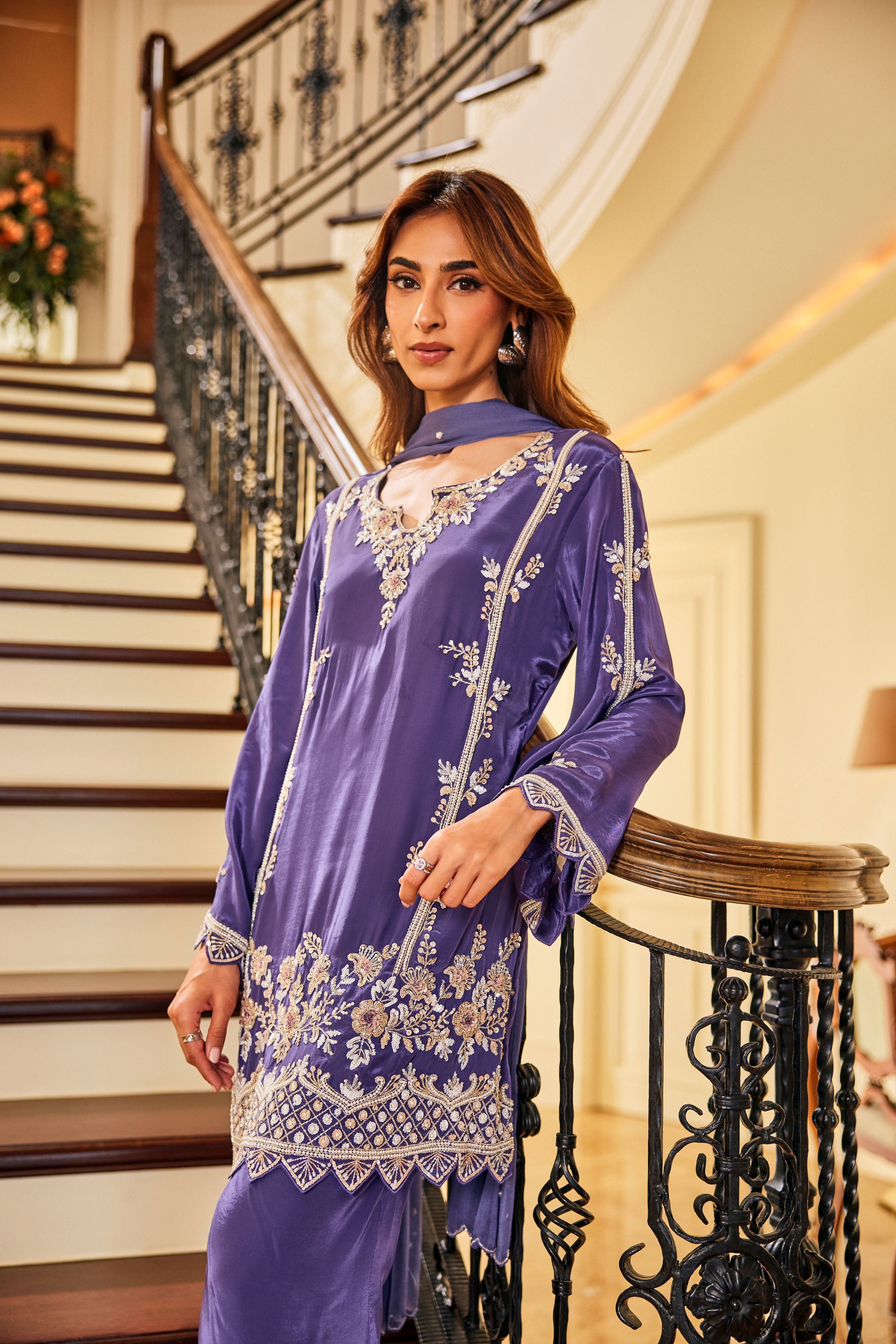 Orchid Purple Embellished Crepe Silk Palazzo Set